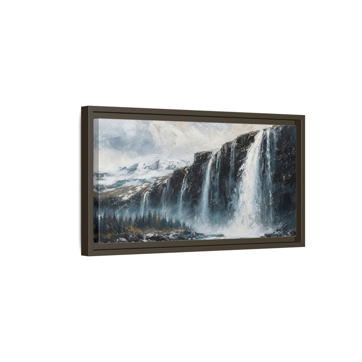 Side Mockup 7. Nature Waterfall Blue Grey Waterfall shown as stretched canvas wall art