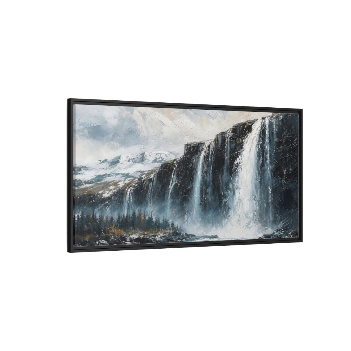 Side Mockup 5. Nature Waterfall Blue Grey Waterfall shown as stretched canvas wall art