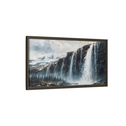 Main Mockup. Nature Waterfall Blue Grey Waterfall shown as stretched canvas wall art
