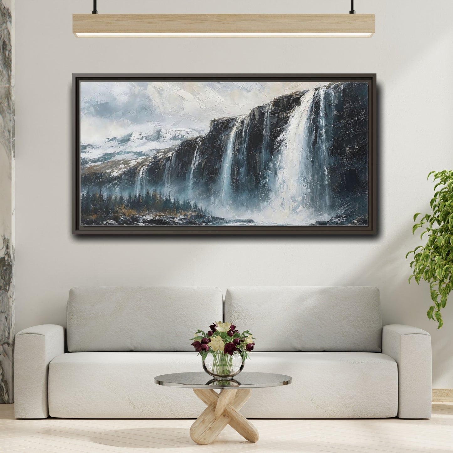 Mockup 2. Nature Waterfall Blue Grey Waterfall shown as stretched canvas wall art