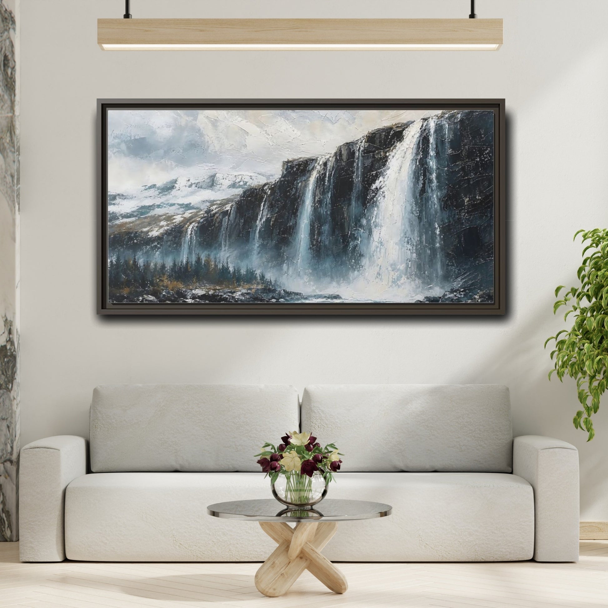 Mockup 2. Nature Waterfall Blue Grey Waterfall shown as stretched canvas wall art