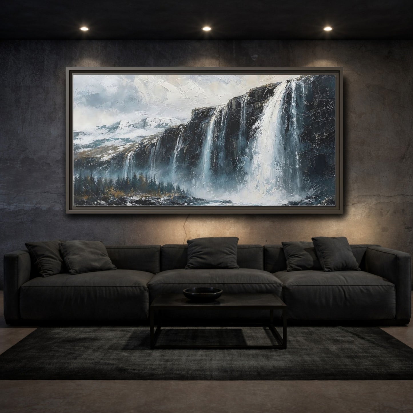 Mockup 3. Nature Waterfall Blue Grey Waterfall shown as stretched canvas wall art