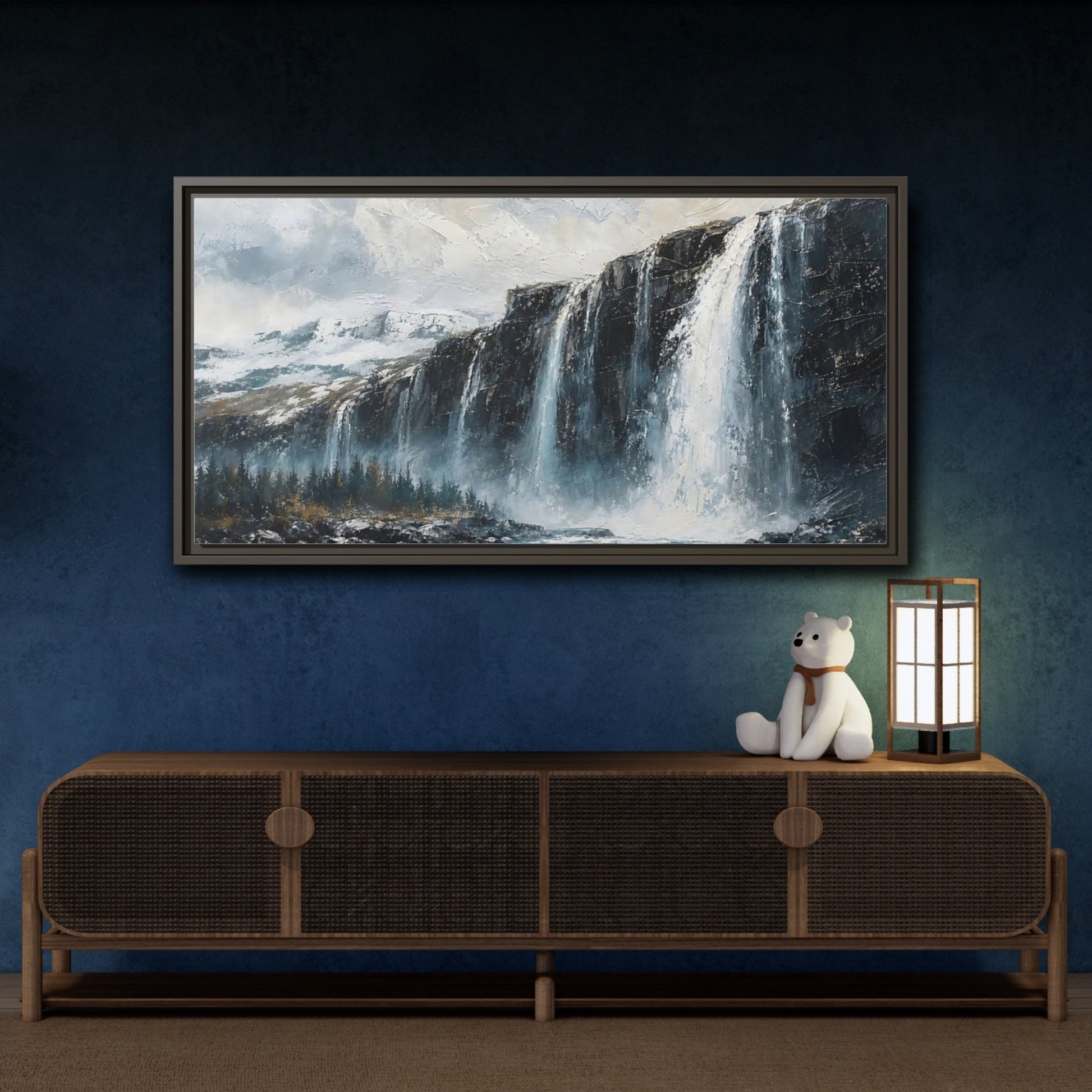 Mockup 4. Nature Waterfall Blue Grey Waterfall shown as stretched canvas wall art