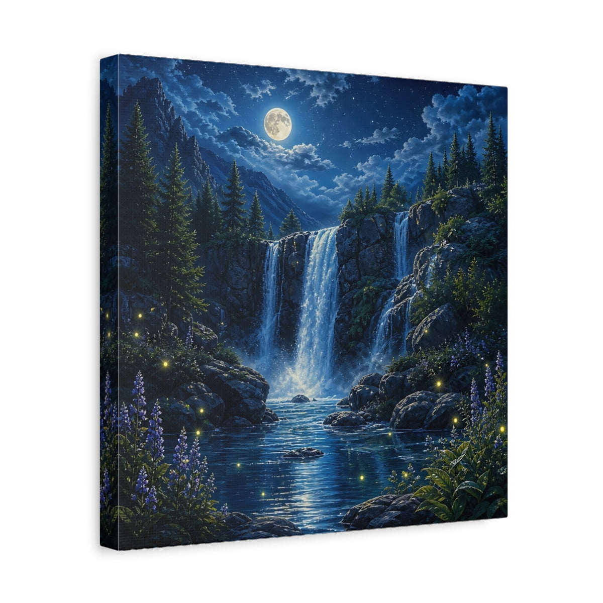 Side Mockup 7. Nature Waterfall Blue Waterfall Night shown as stretched canvas wall art