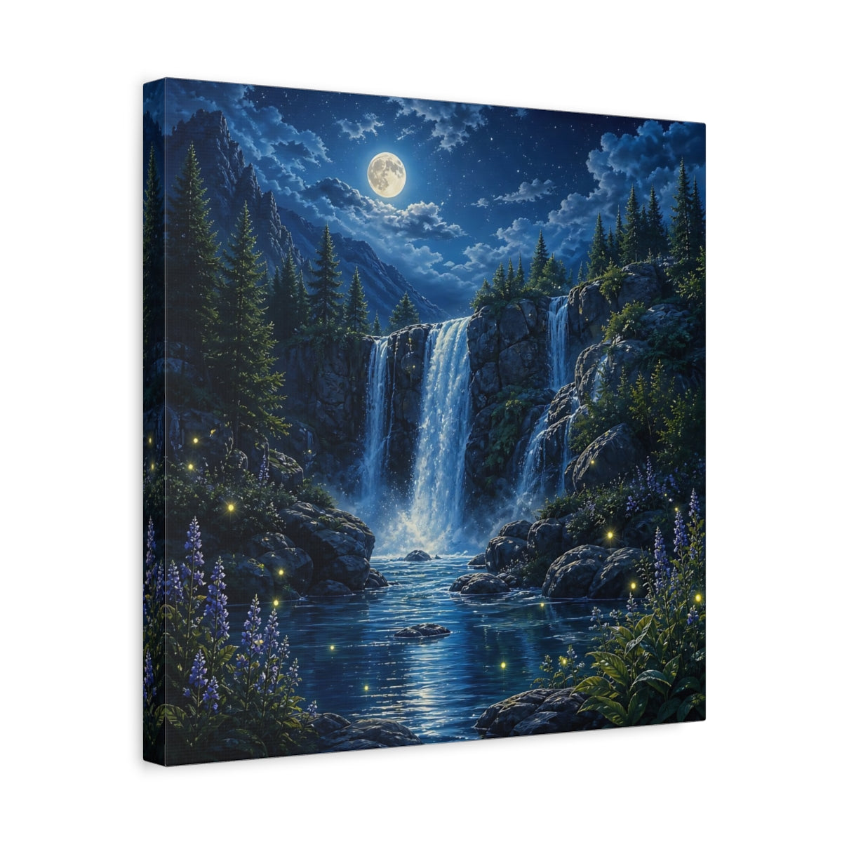 Side Mockup 6. Nature Waterfall Blue Waterfall Night shown as stretched canvas wall art