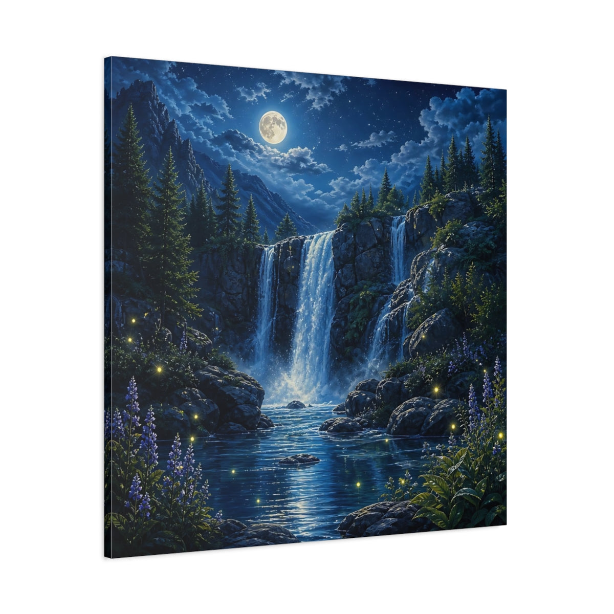 Side Mockup 1. Nature Waterfall Blue Waterfall Night shown as stretched canvas wall art