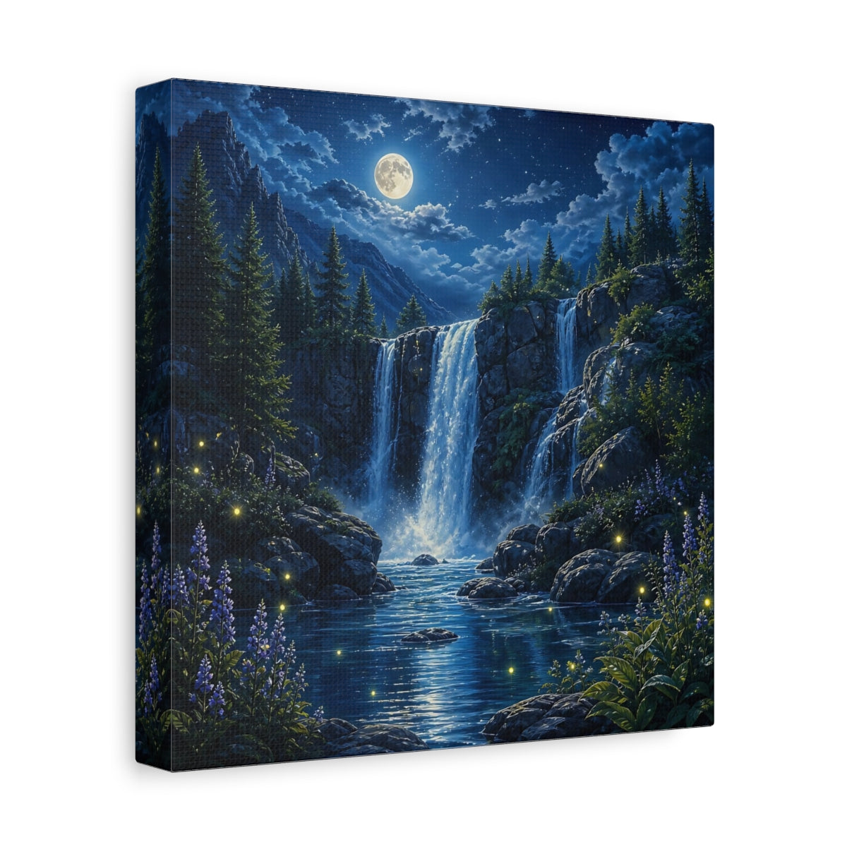 Side Mockup 9. Nature Waterfall Blue Waterfall Night shown as stretched canvas wall art