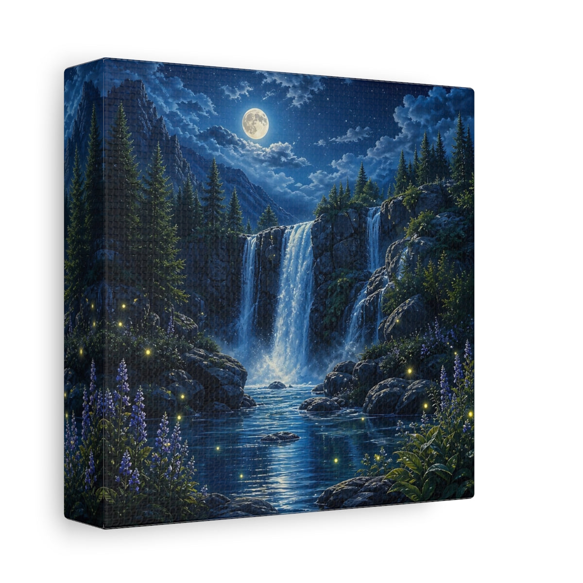 Side Mockup 2. Nature Waterfall Blue Waterfall Night shown as stretched canvas wall art
