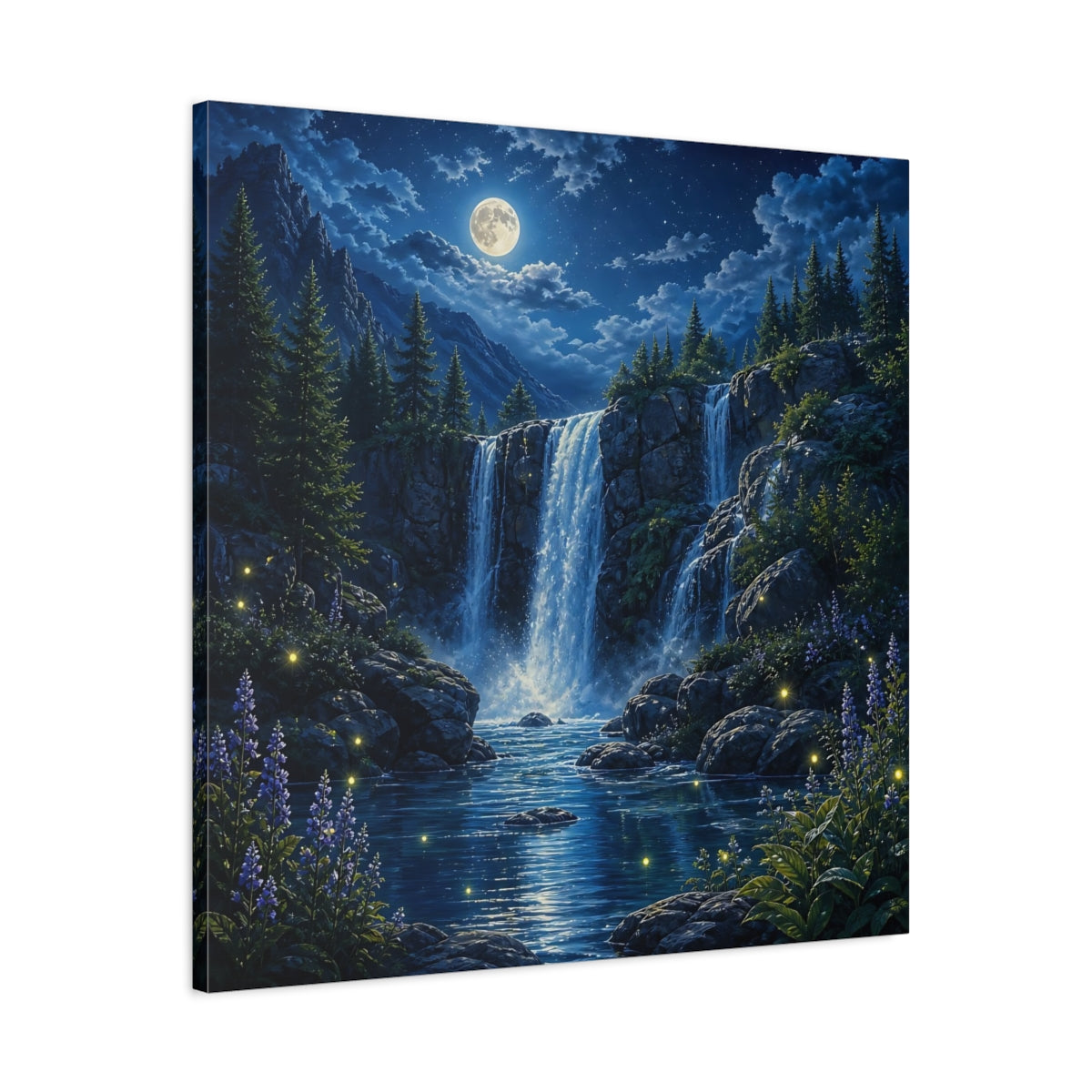 Side Mockup 3. Nature Waterfall Blue Waterfall Night shown as stretched canvas wall art