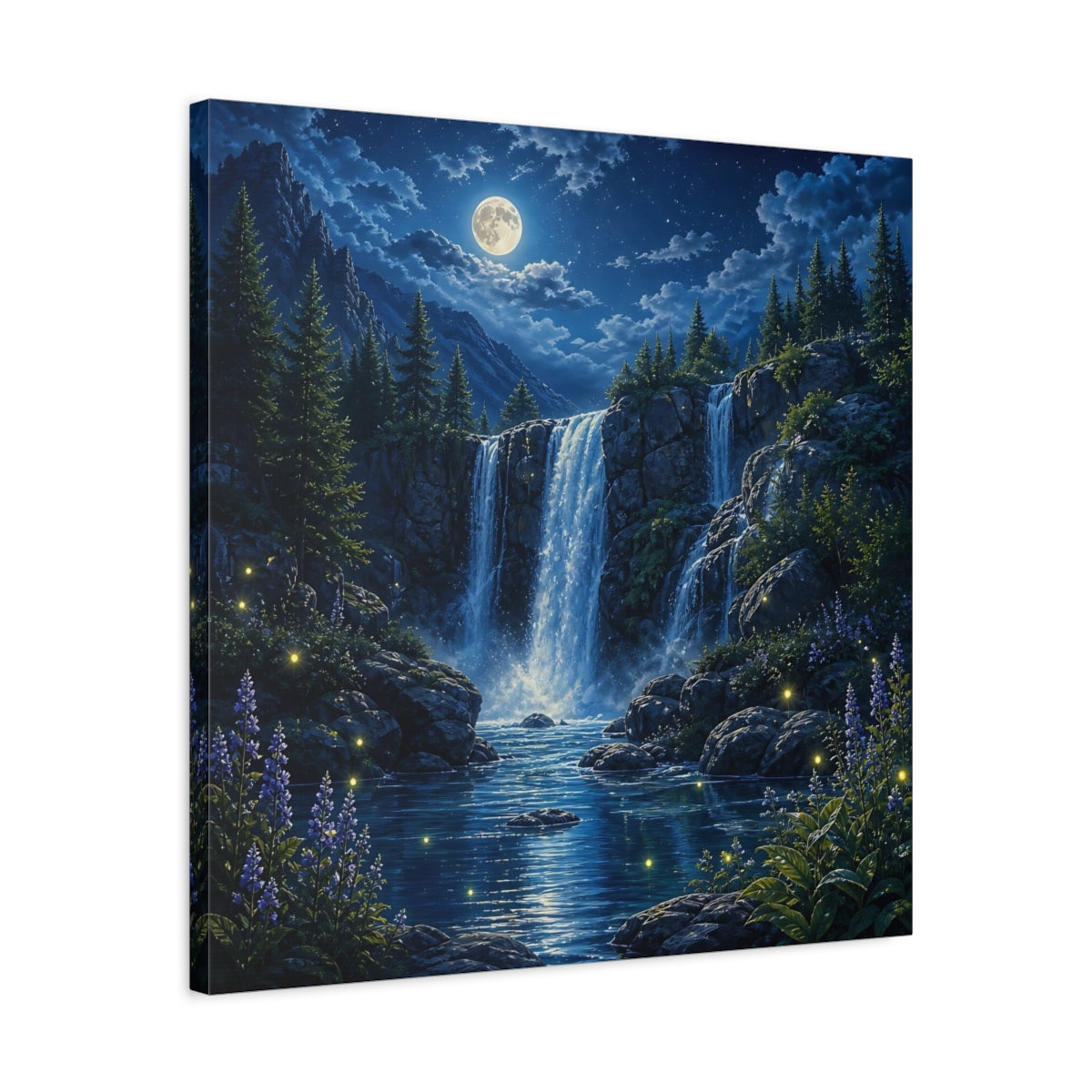 Side Mockup 4. Nature Waterfall Blue Waterfall Night shown as stretched canvas wall art