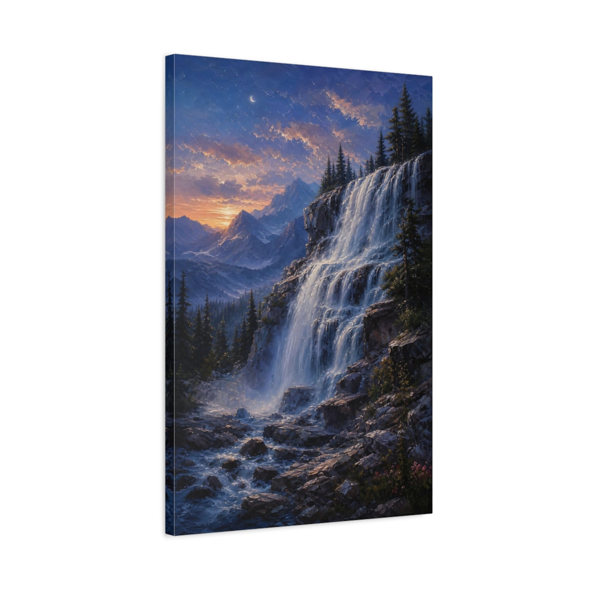 Side Mockup 2. Nature Waterfall Blue Orange Waterfall shown as stretched canvas wall art