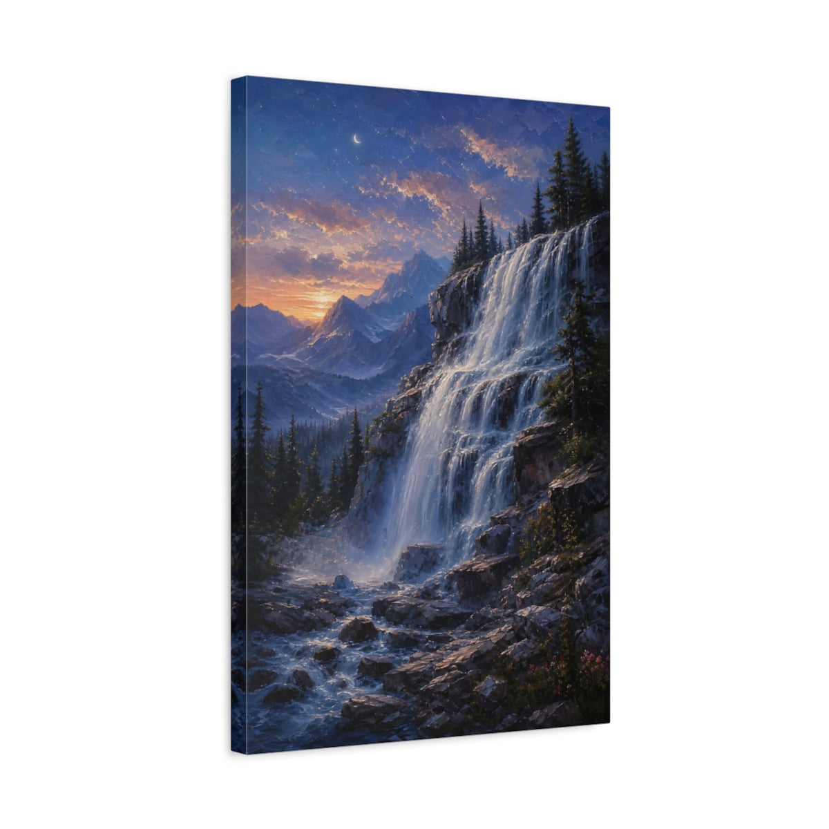 Side Mockup 3. Nature Waterfall Blue Orange Waterfall shown as stretched canvas wall art