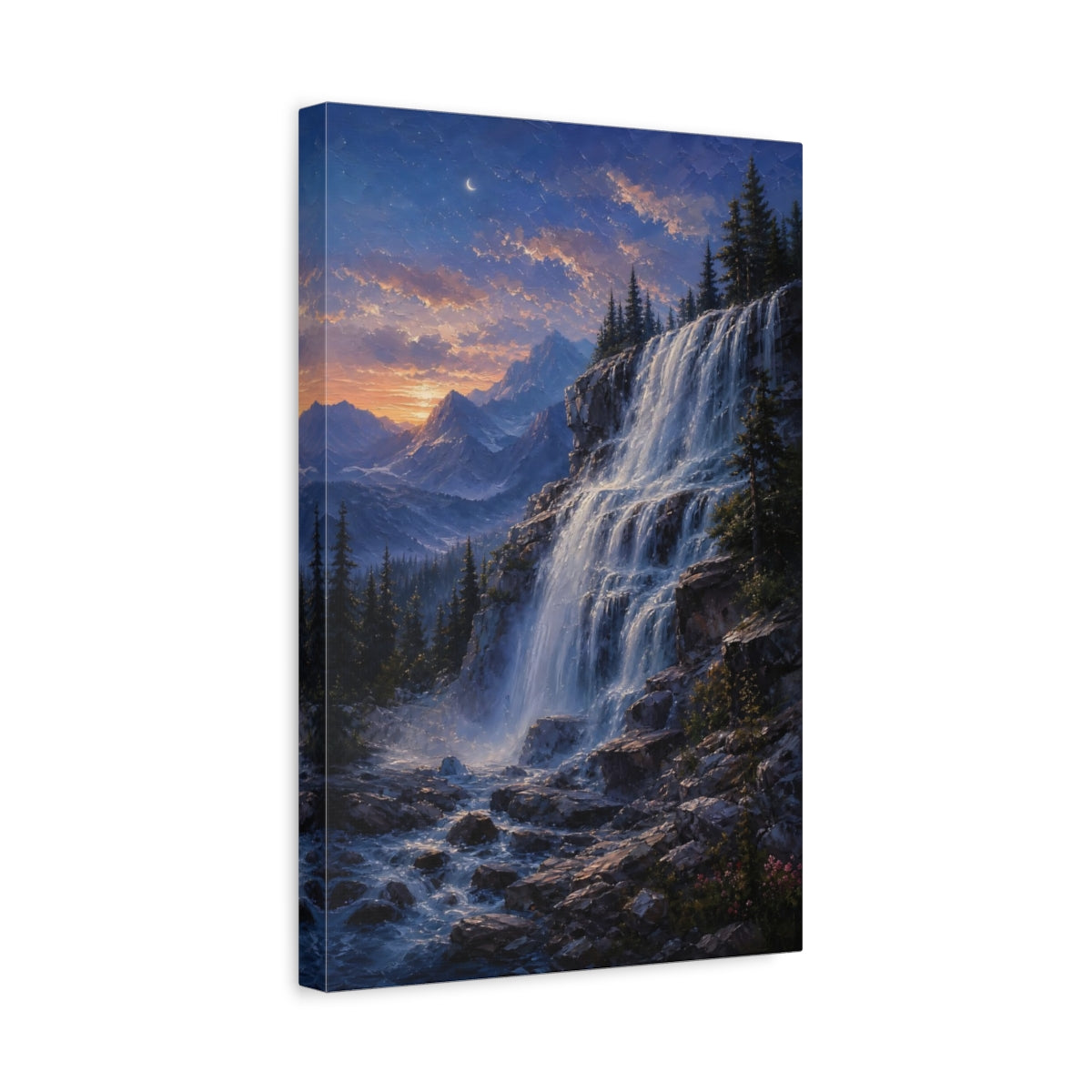 Side Mockup 4. Nature Waterfall Blue Orange Waterfall shown as stretched canvas wall art