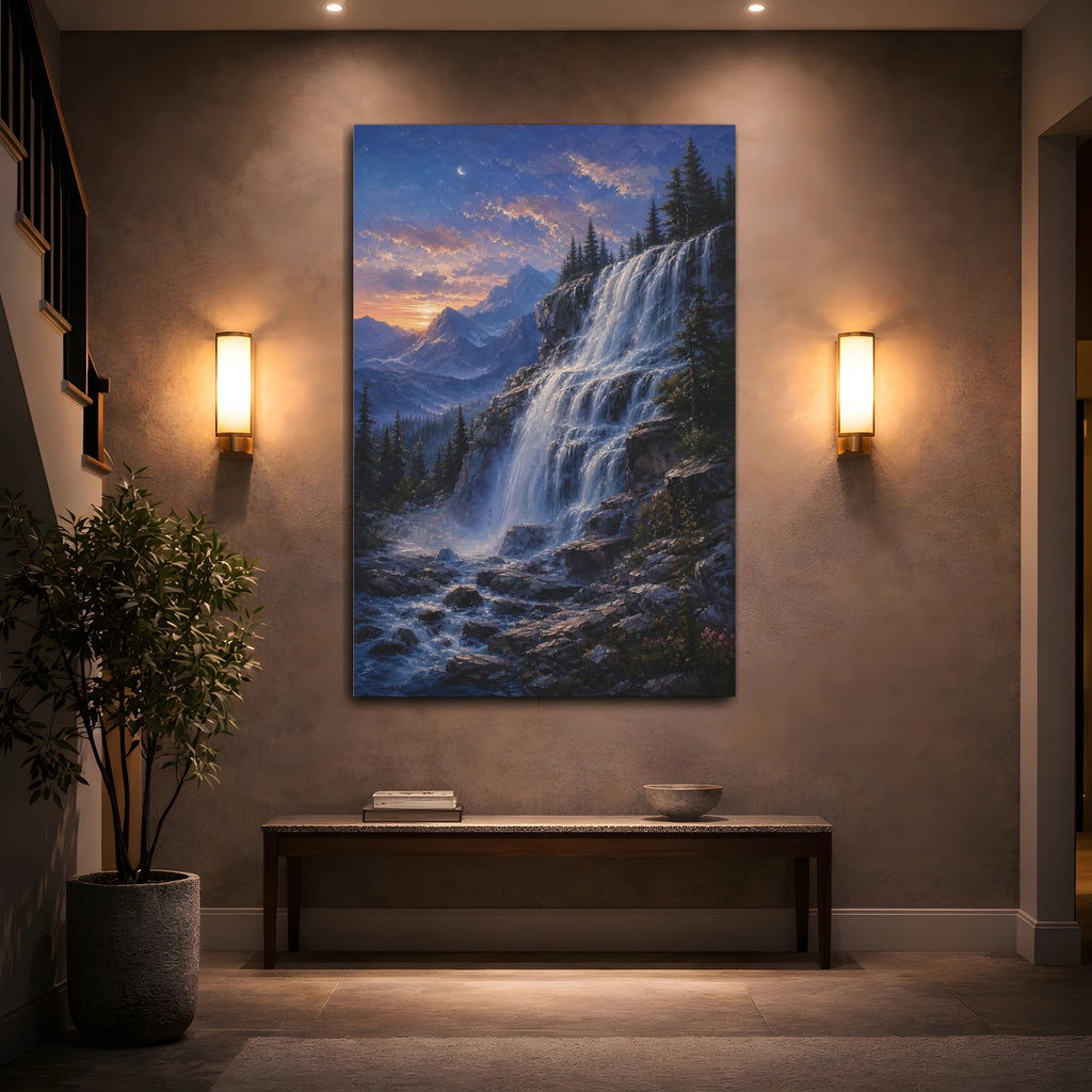 Mockup 2. Nature Waterfall Blue Orange Waterfall shown as stretched canvas wall art