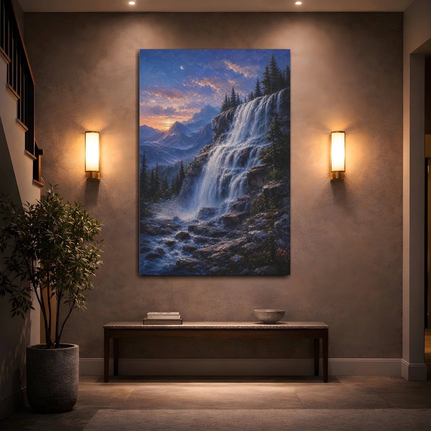 Mockup 2. Nature Waterfall Blue Orange Waterfall shown as stretched canvas wall art
