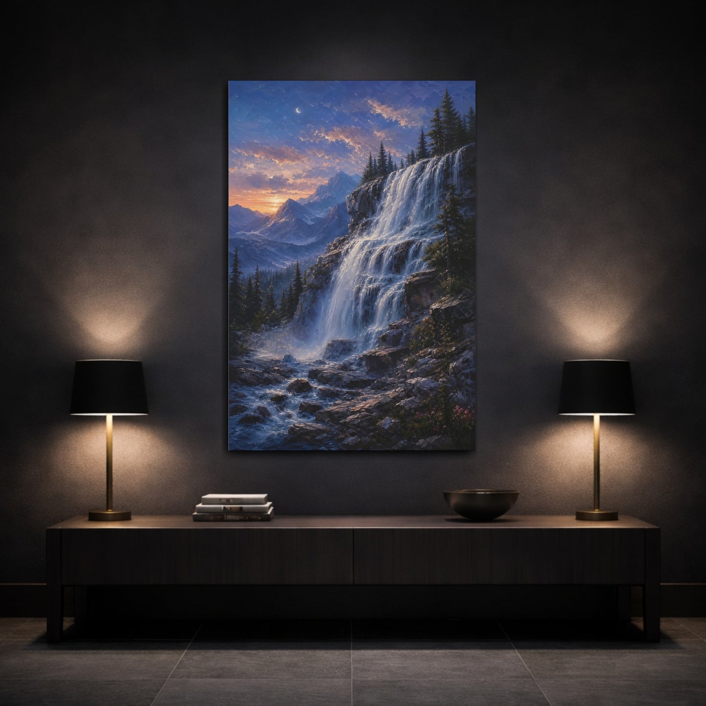 Mockup 3. Nature Waterfall Blue Orange Waterfall shown as stretched canvas wall art