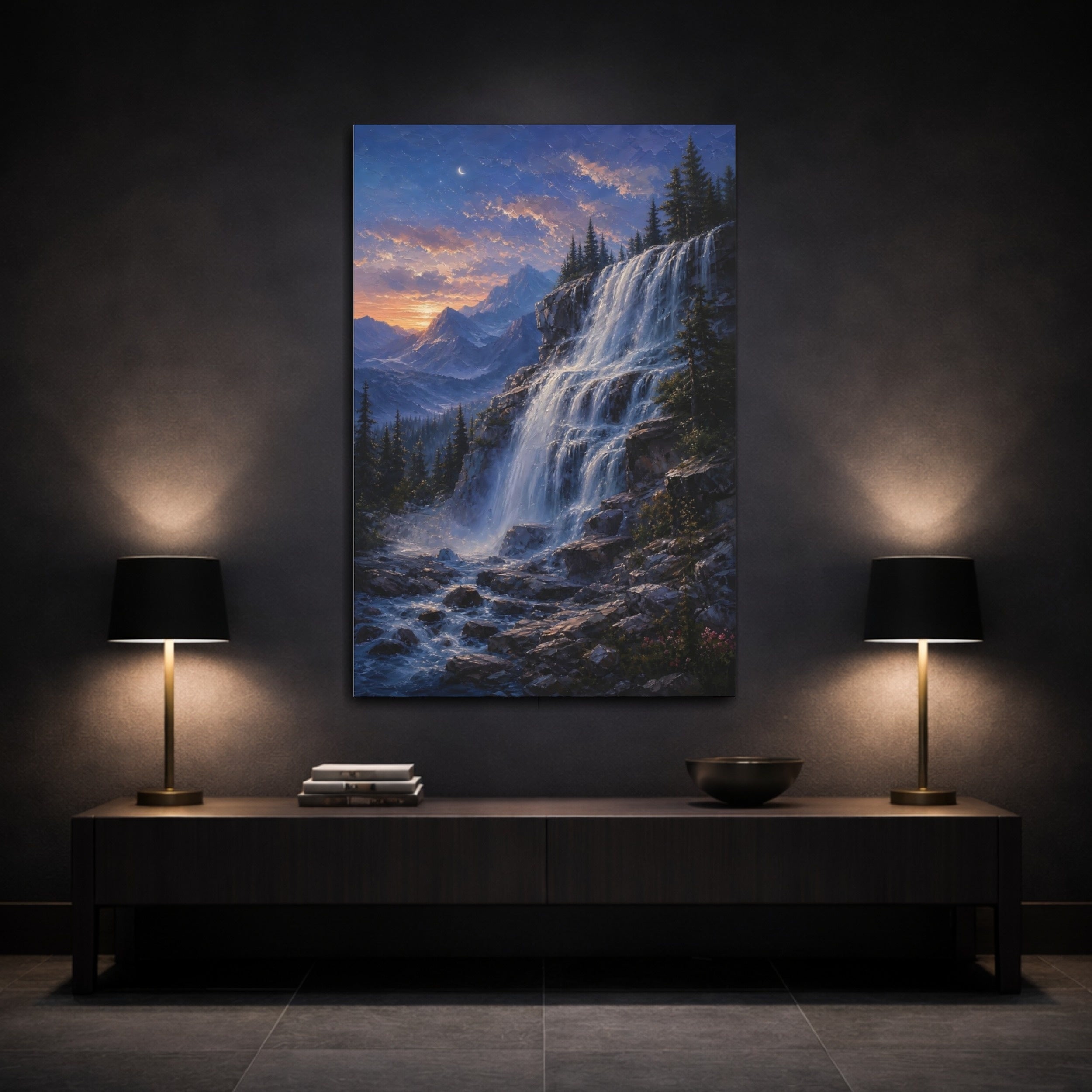 Mockup 3. Nature Waterfall Blue Orange Waterfall shown as stretched canvas wall art