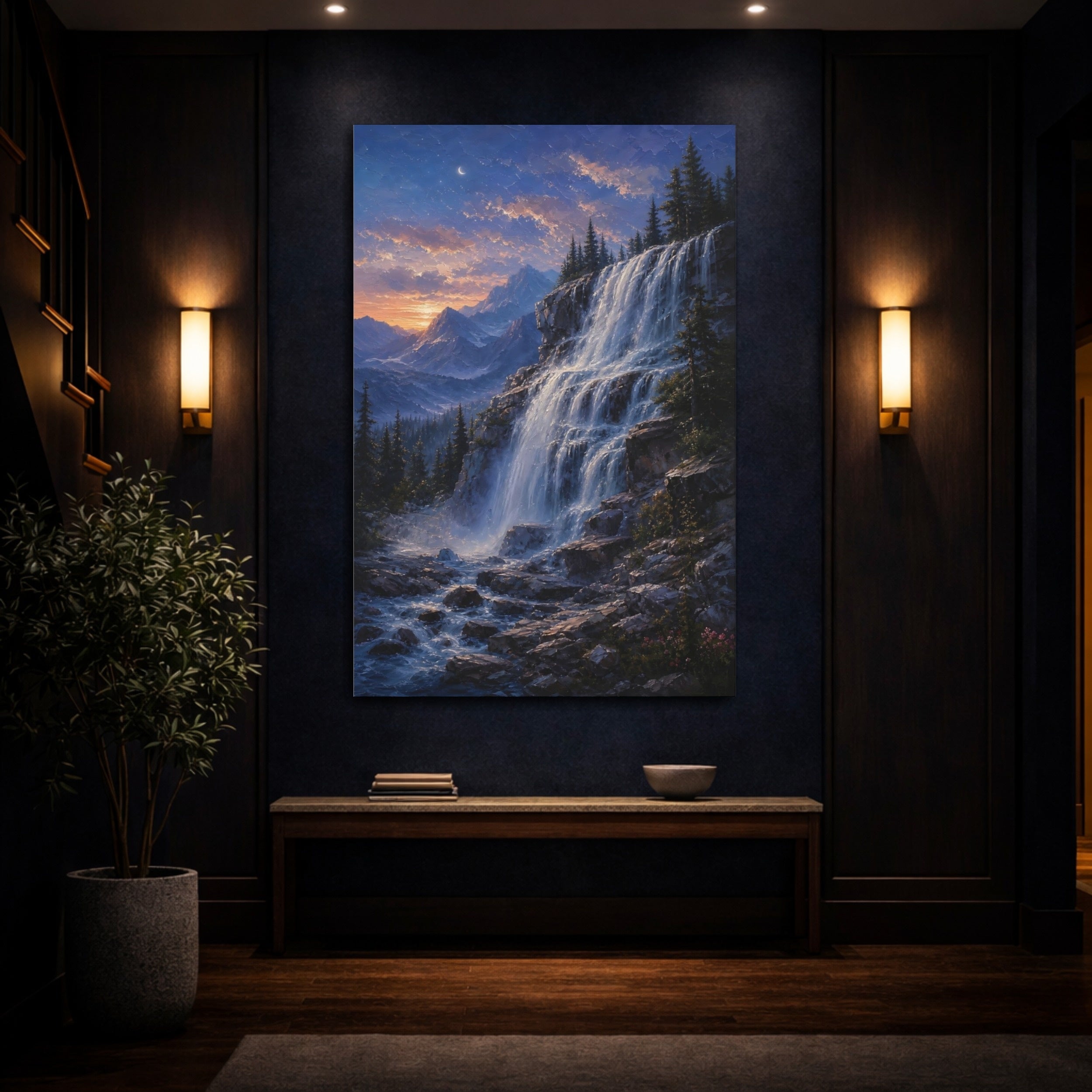 Mockup 4. Nature Waterfall Blue Orange Waterfall shown as stretched canvas wall art