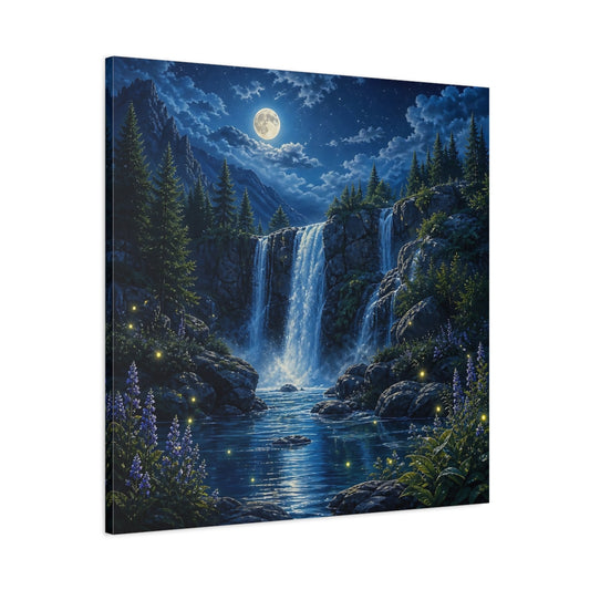 Main Mockup. Nature Waterfall Blue Waterfall Night shown as stretched canvas wall art