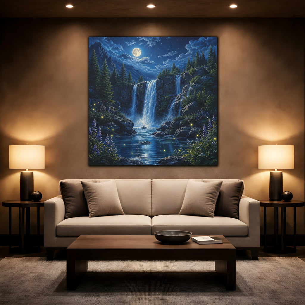 Mockup 2. Nature Waterfall Blue Waterfall Night shown as stretched canvas wall art