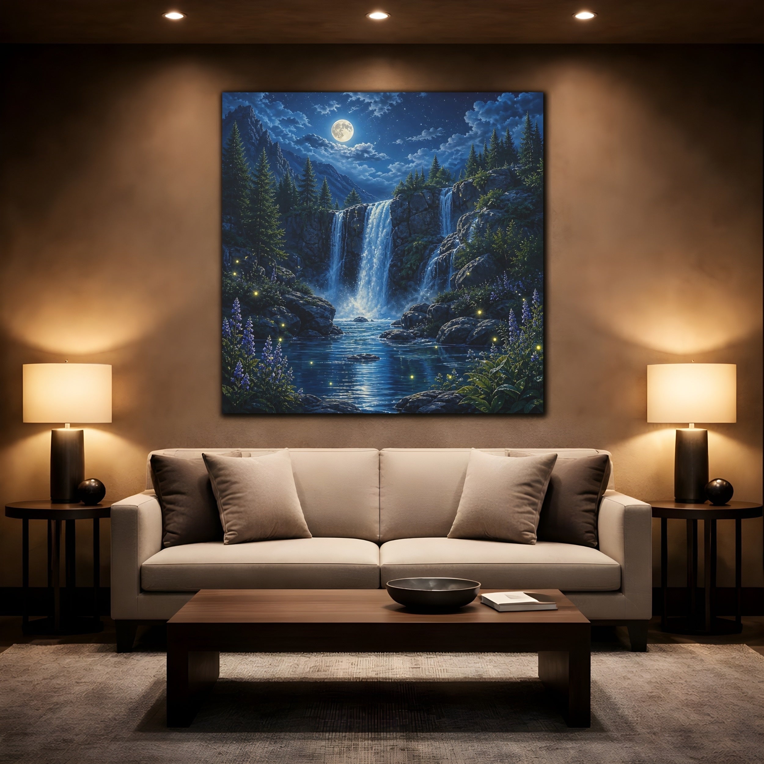 Mockup 2. Nature Waterfall Blue Waterfall Night shown as stretched canvas wall art