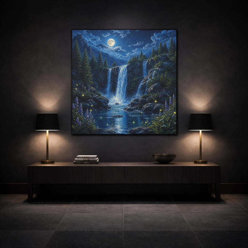 Mockup 3. Nature Waterfall Blue Waterfall Night shown as stretched canvas wall art