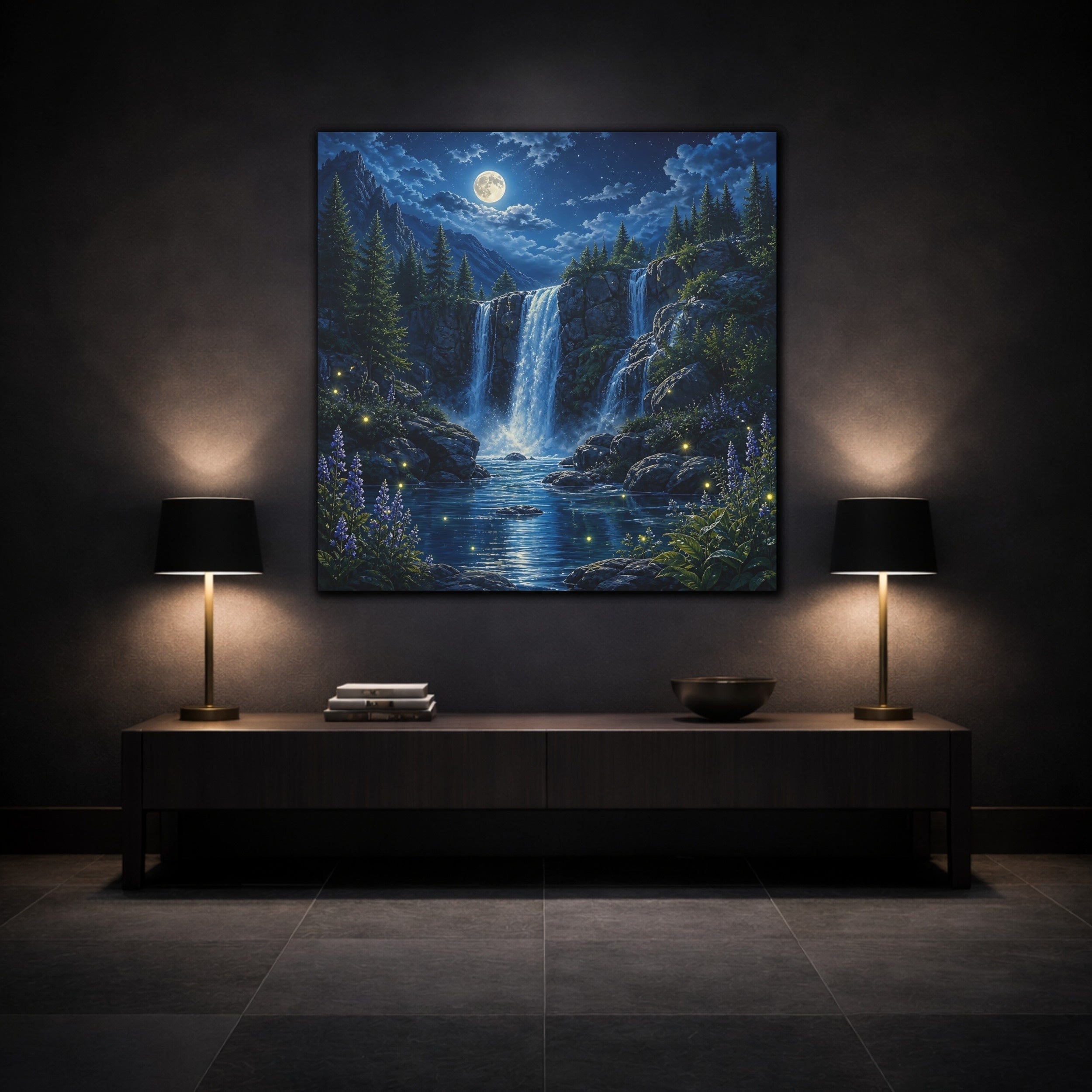 Mockup 3. Nature Waterfall Blue Waterfall Night shown as stretched canvas wall art