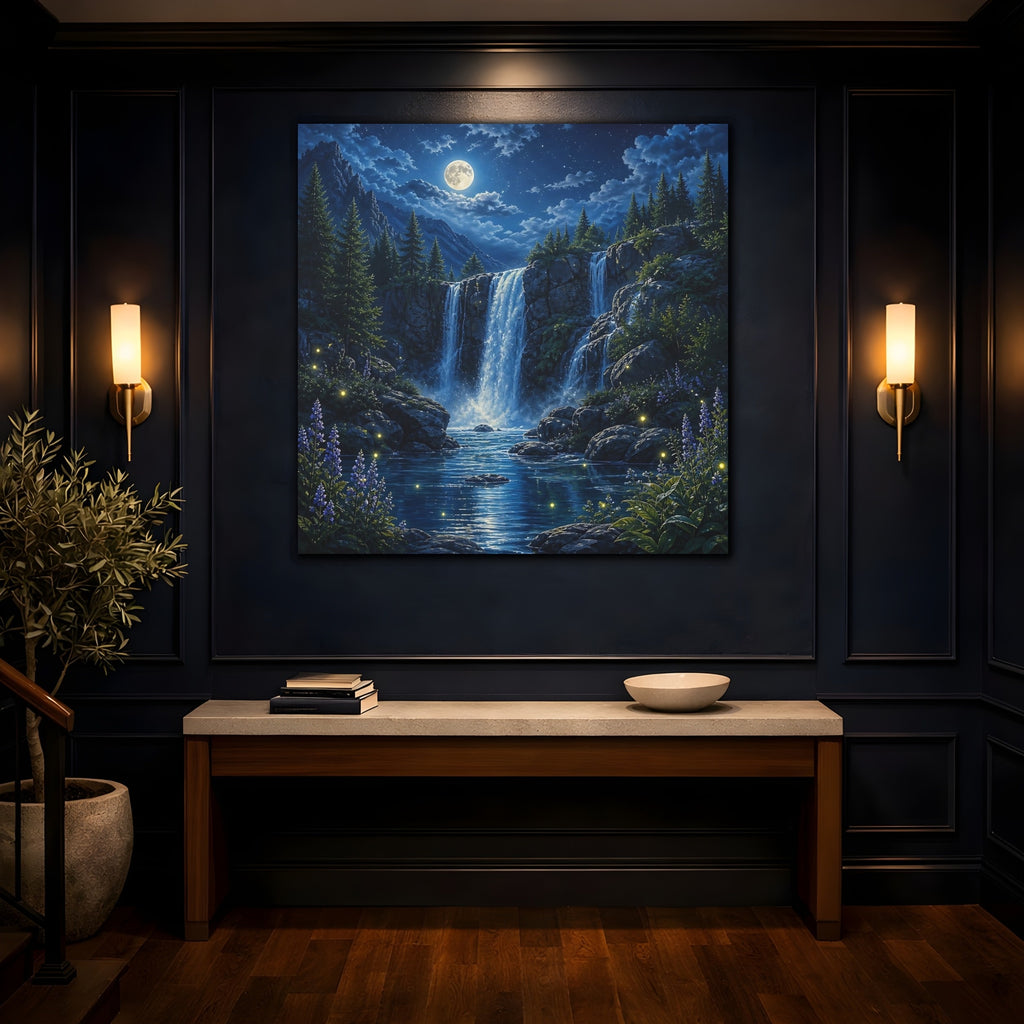 Mockup 4. Nature Waterfall Blue Waterfall Night shown as stretched canvas wall art