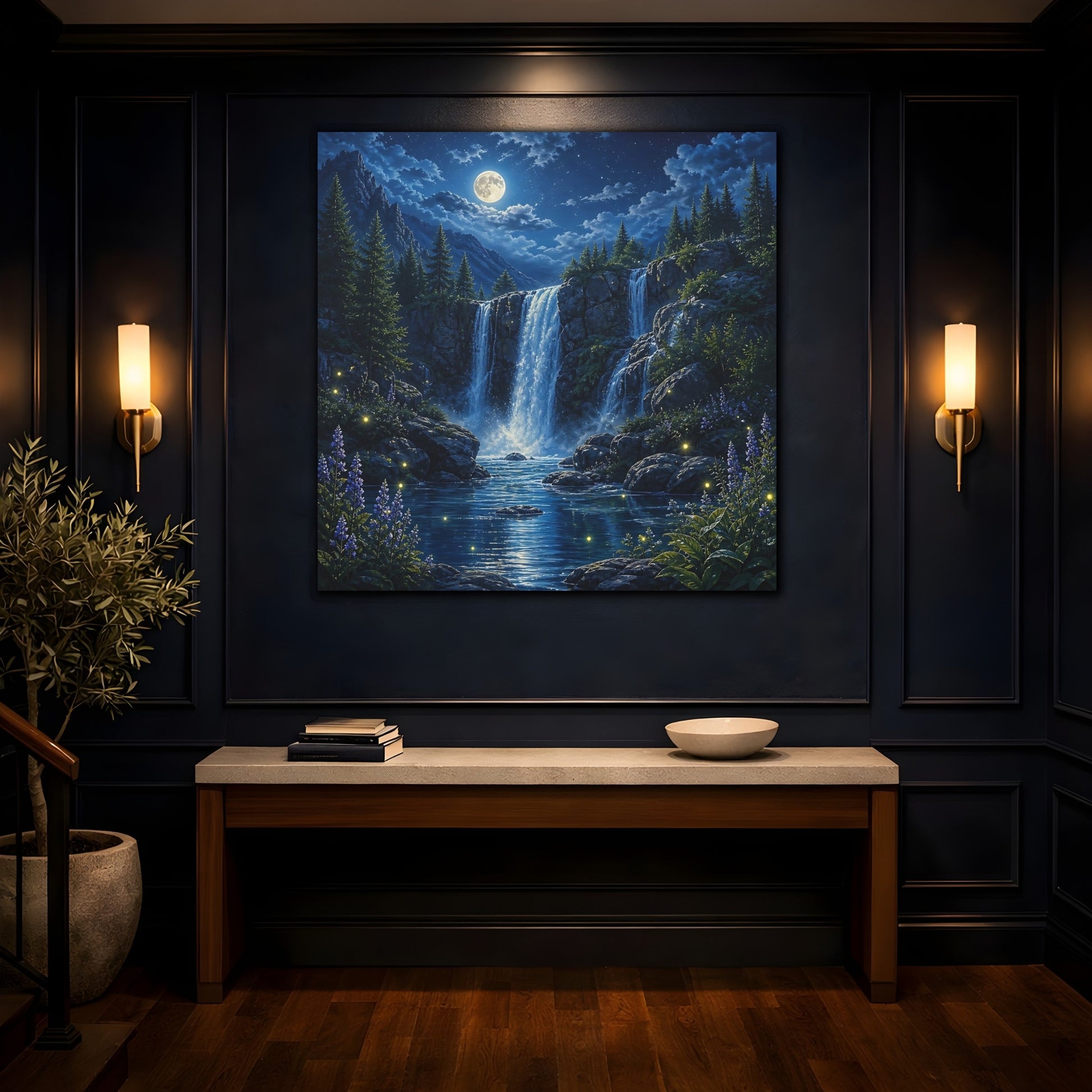 Mockup 4. Nature Waterfall Blue Waterfall Night shown as stretched canvas wall art