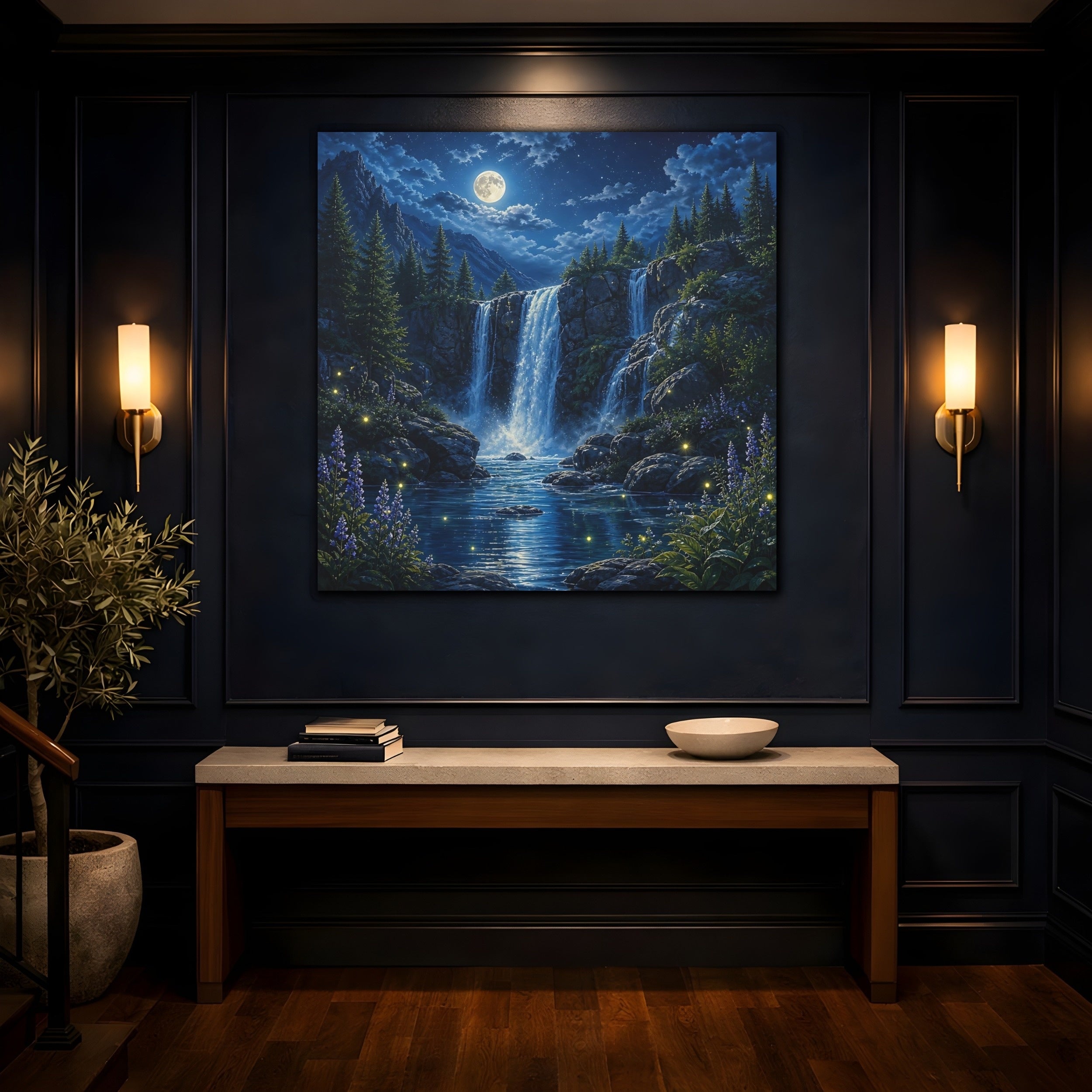 Mockup 4. Nature Waterfall Blue Waterfall Night shown as stretched canvas wall art
