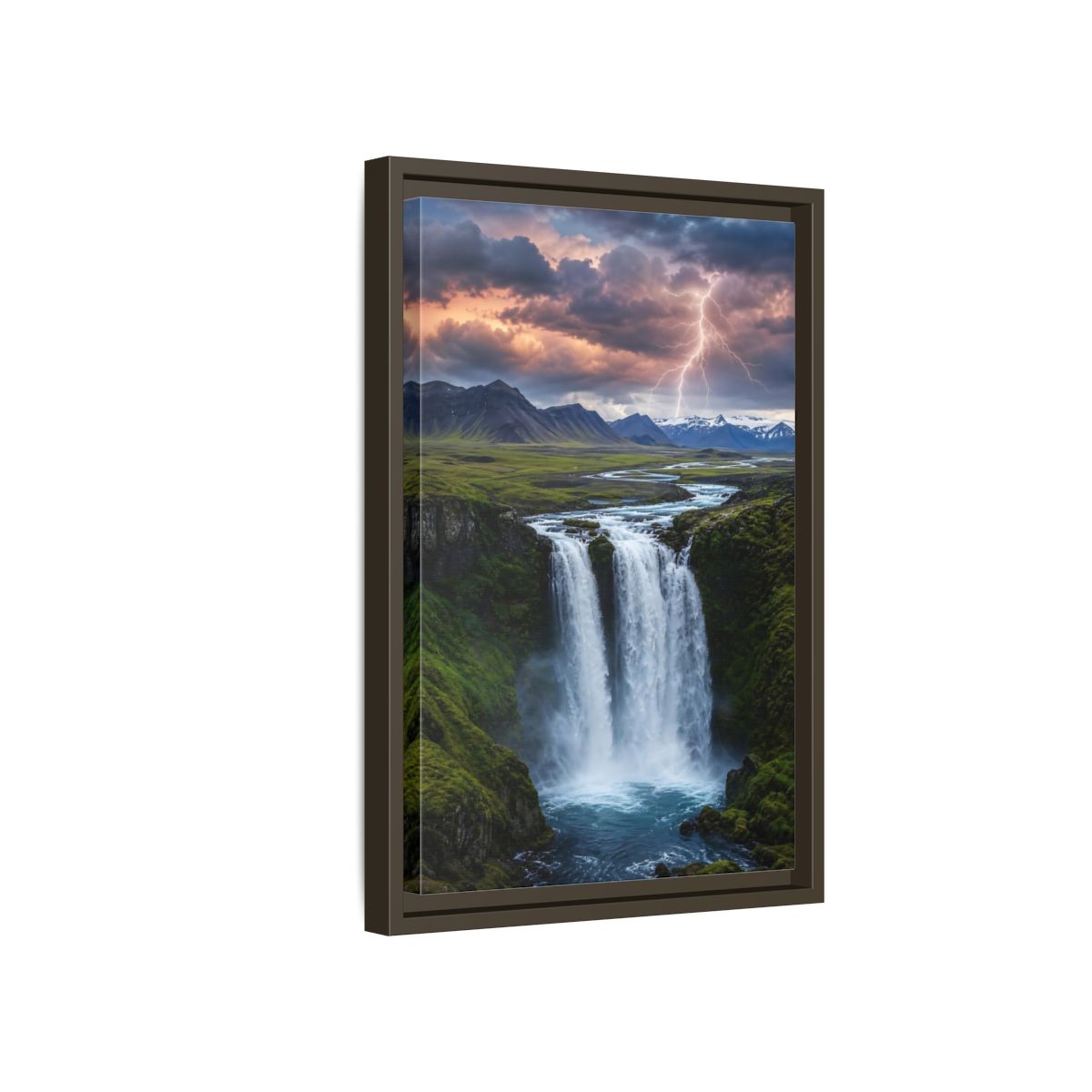 Side Mockup 5. Nature Waterfall Dramatic Waterfall shown as stretched canvas wall art