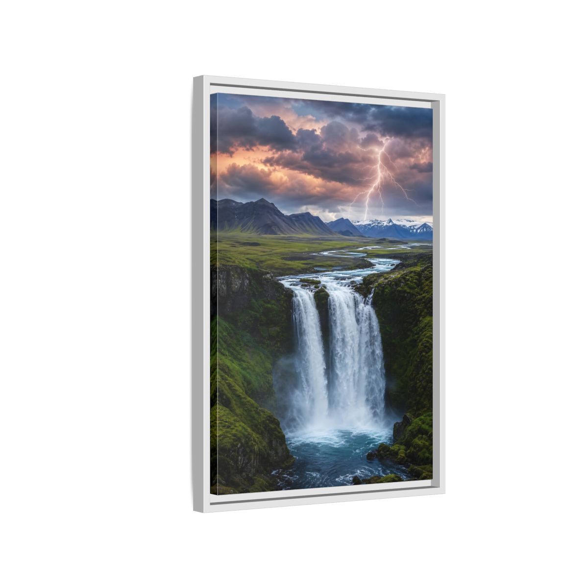 Side Mockup 1. Nature Waterfall Dramatic Waterfall shown as stretched canvas wall art