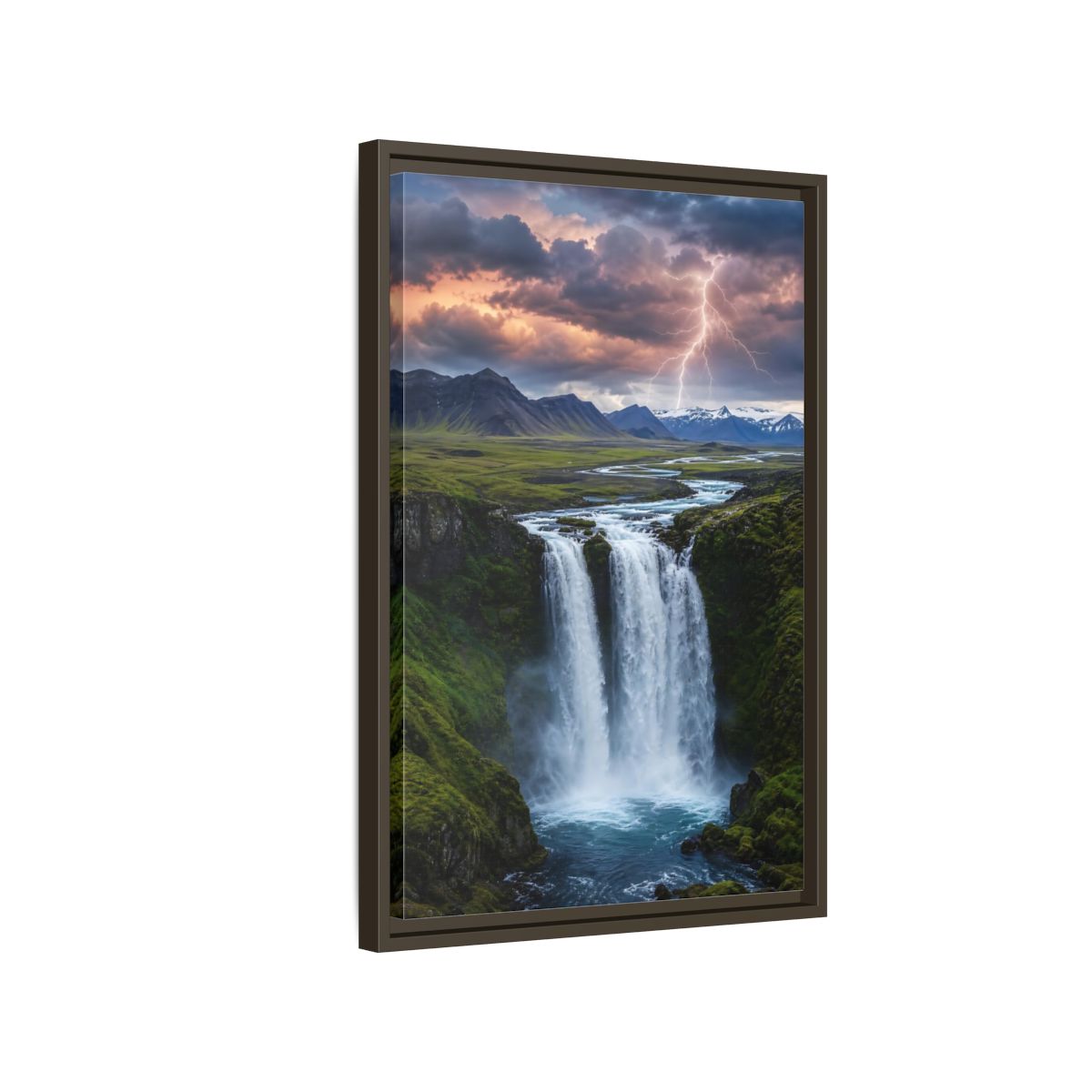 Side Mockup 2. Nature Waterfall Dramatic Waterfall shown as stretched canvas wall art