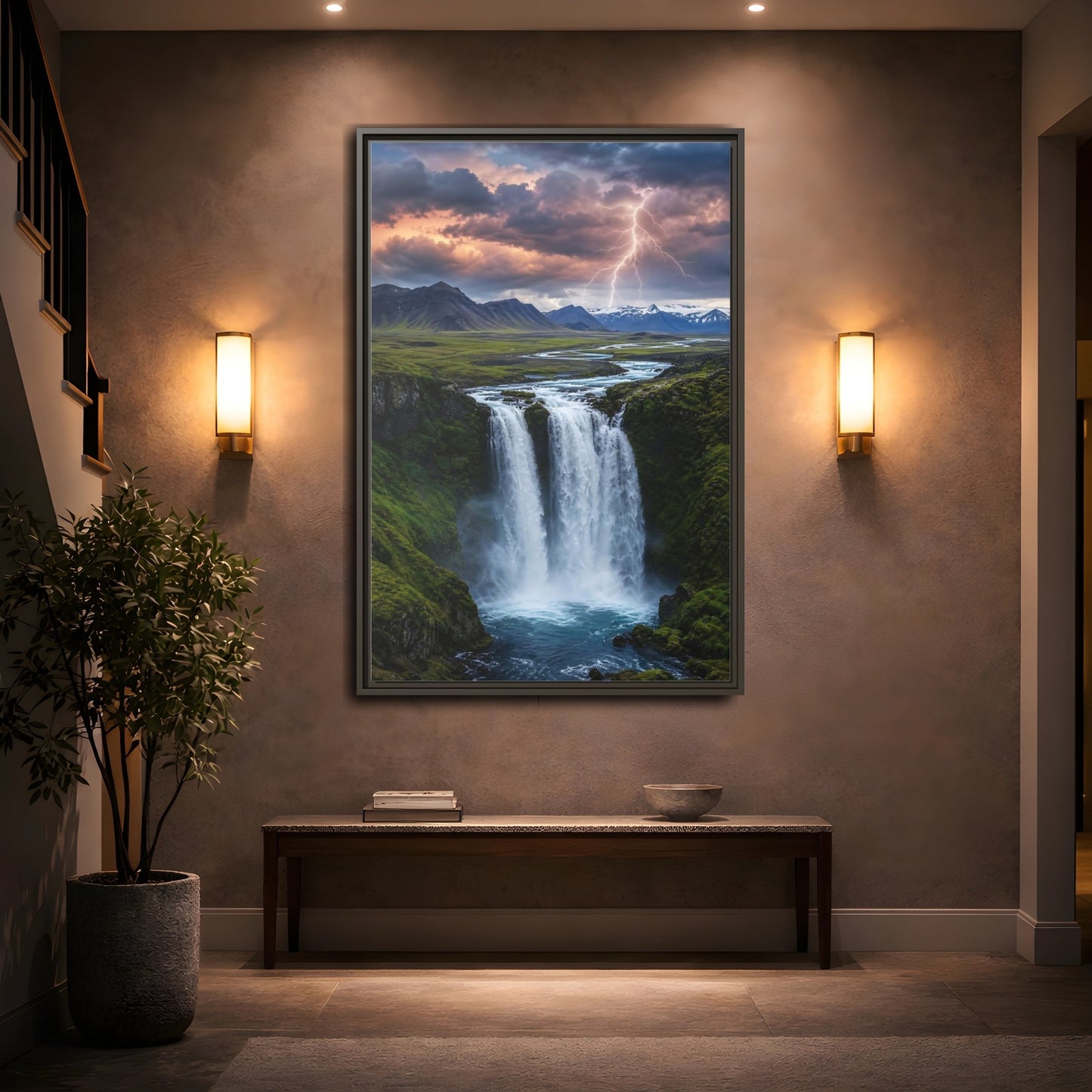 Mockup 2. Nature Waterfall Dramatic Waterfall shown as stretched canvas wall art