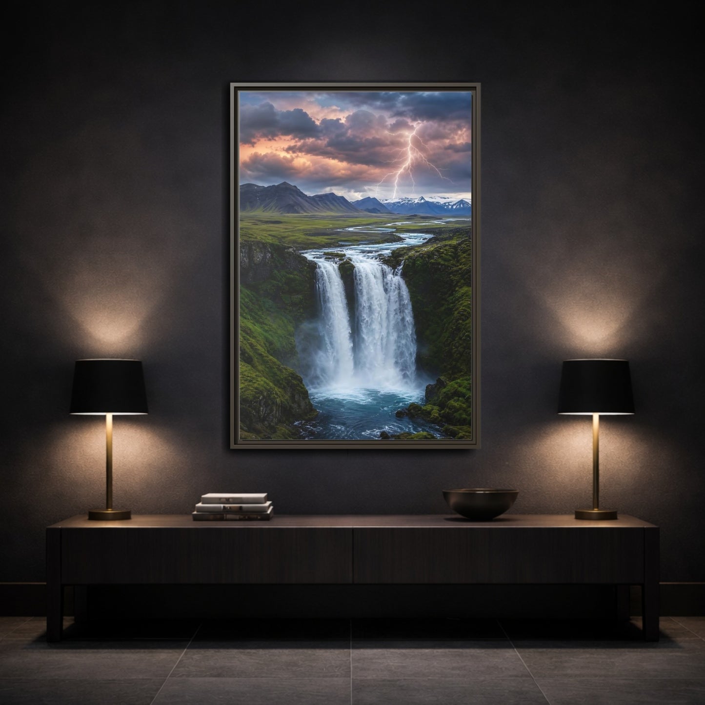 Mockup 3. Nature Waterfall Dramatic Waterfall shown as stretched canvas wall art