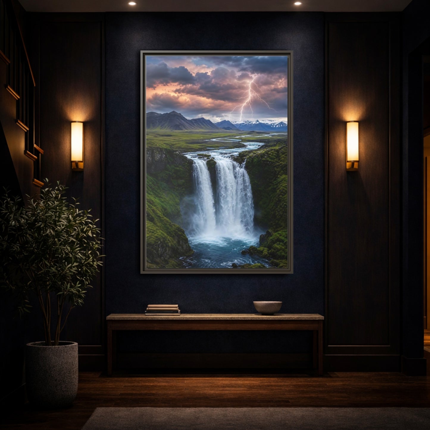 Mockup 4. Nature Waterfall Dramatic Waterfall shown as stretched canvas wall art