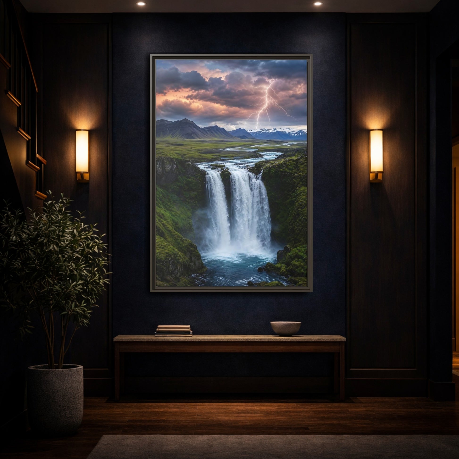 Mockup 4. Nature Waterfall Dramatic Waterfall shown as stretched canvas wall art