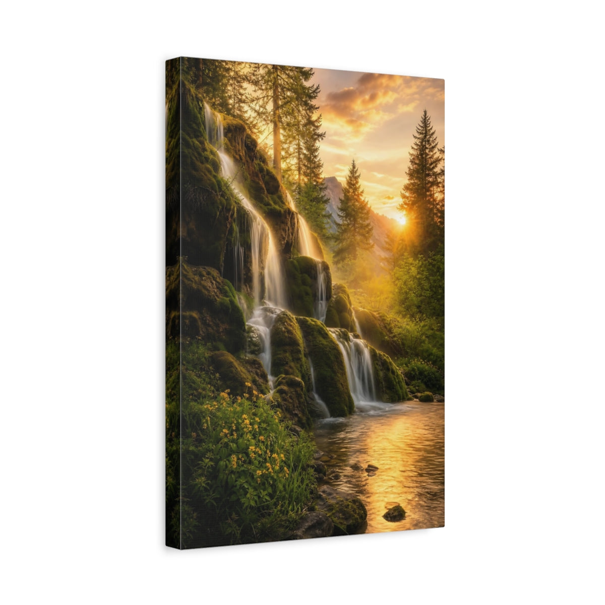 Side Mockup 4. Nature Waterfall Golden Waterfall shown as stretched canvas wall art
