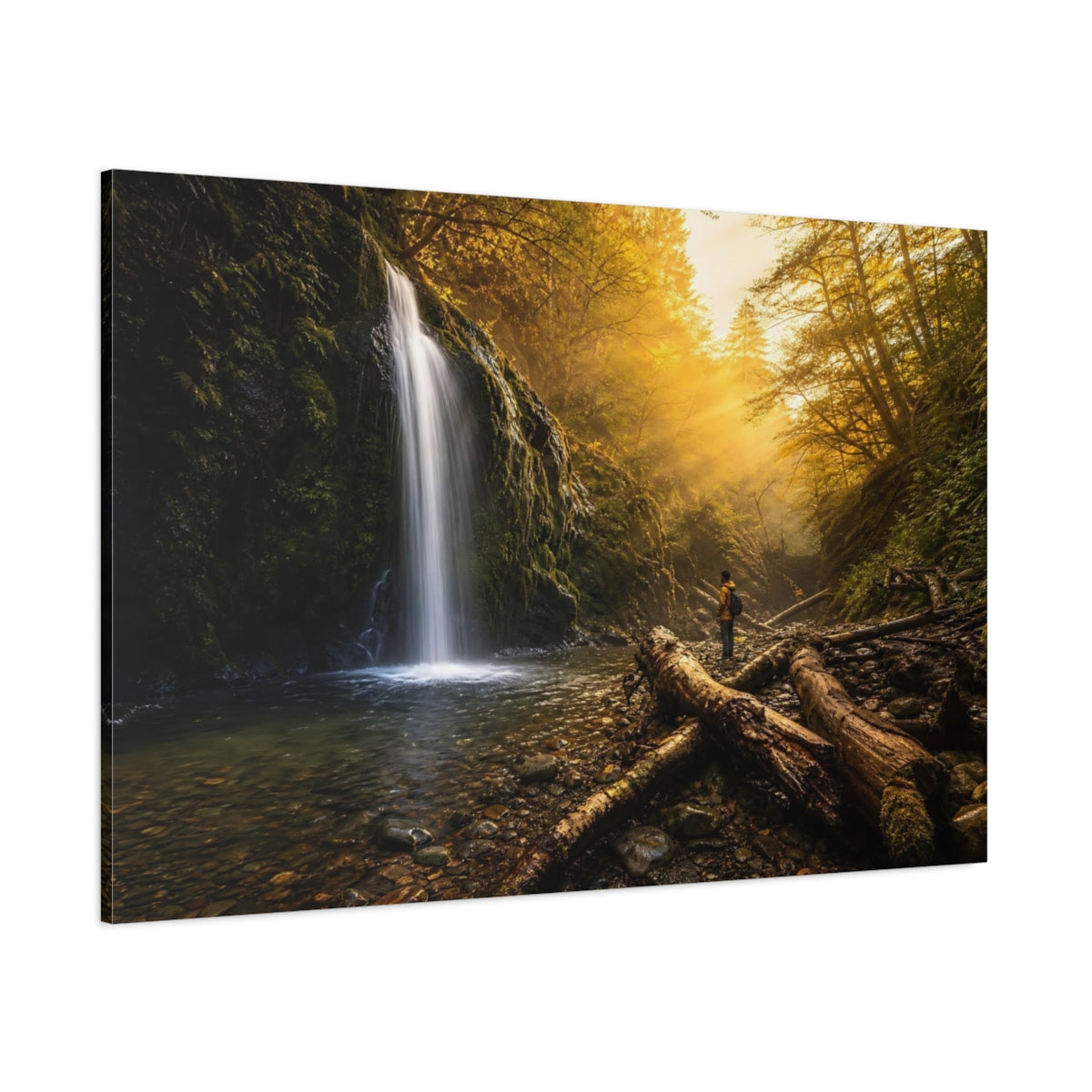 Side Mockup 1. Nature Waterfall Golden Forest Waterfall shown as stretched canvas wall art