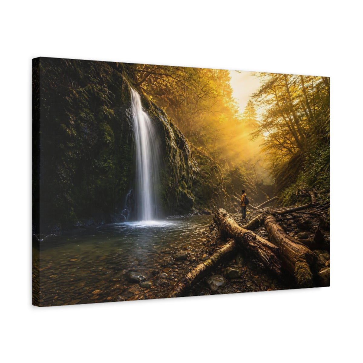 Side Mockup 3. Nature Waterfall Golden Forest Waterfall shown as stretched canvas wall art