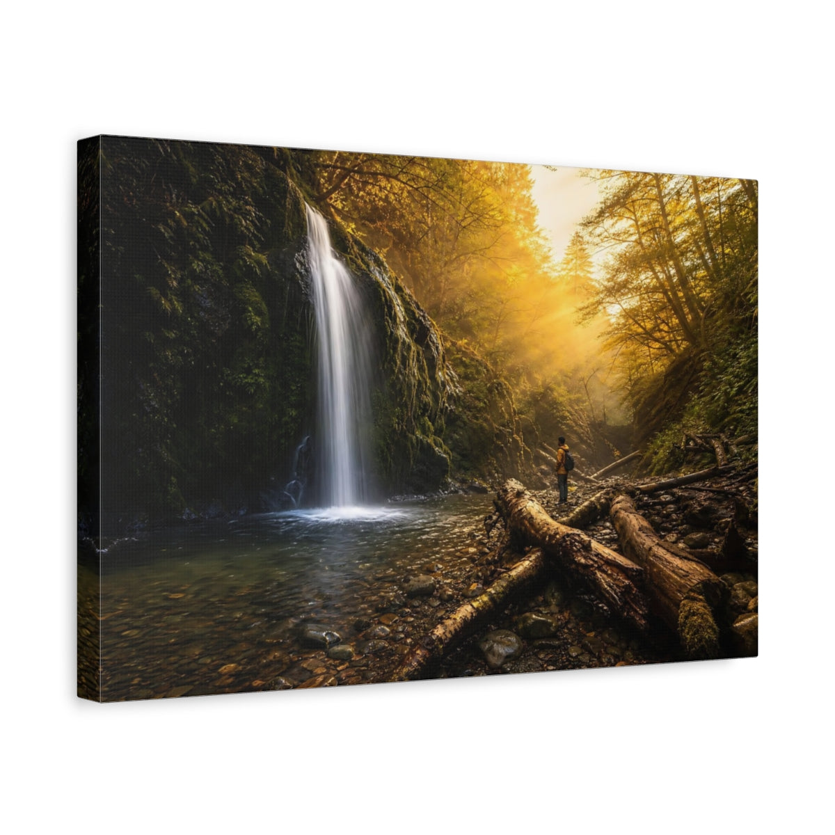 Side Mockup 4. Nature Waterfall Golden Forest Waterfall shown as stretched canvas wall art