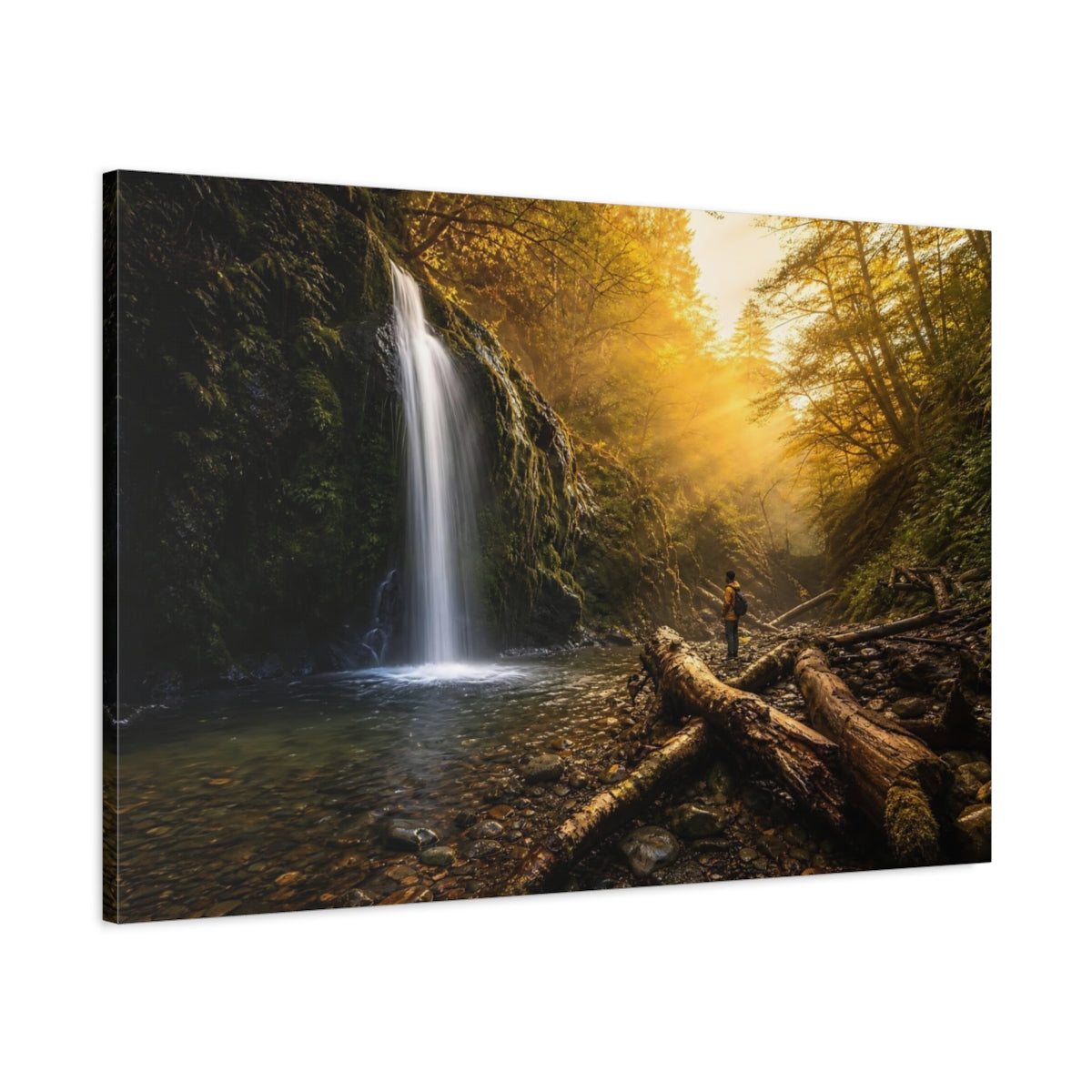 Main Mockup. Nature Waterfall Golden Forest Waterfall shown as stretched canvas wall art