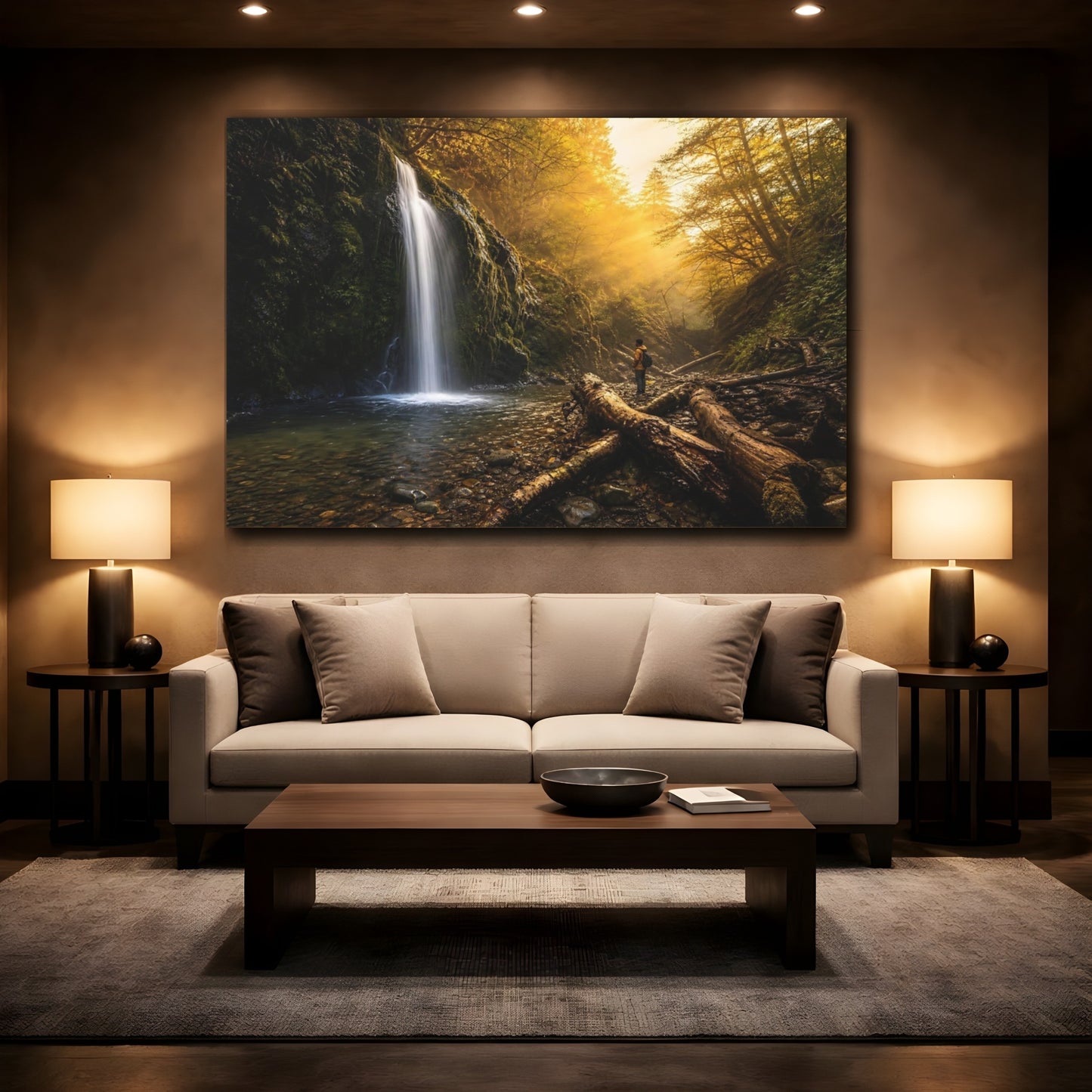 Mockup 2. Nature Waterfall Golden Forest Waterfall shown as stretched canvas wall art