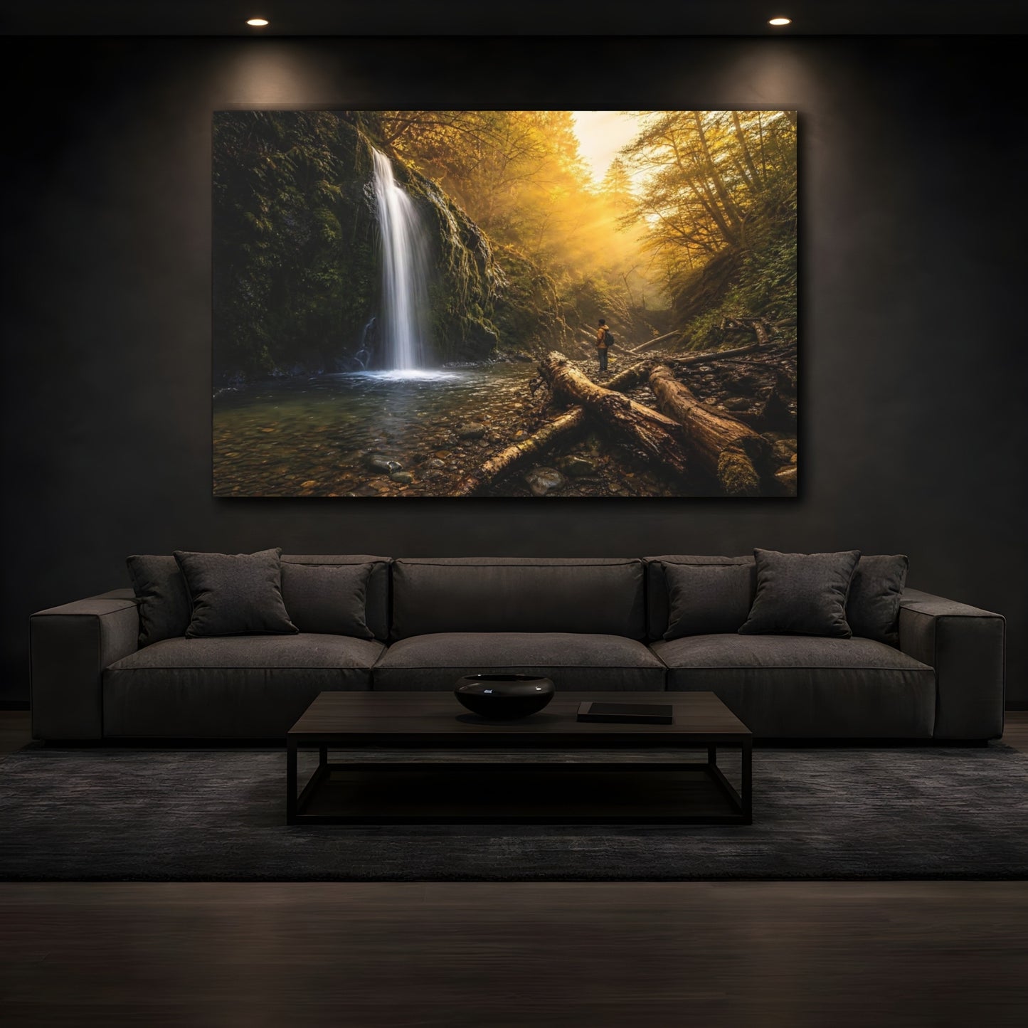 Mockup 3. Nature Waterfall Golden Forest Waterfall shown as stretched canvas wall art