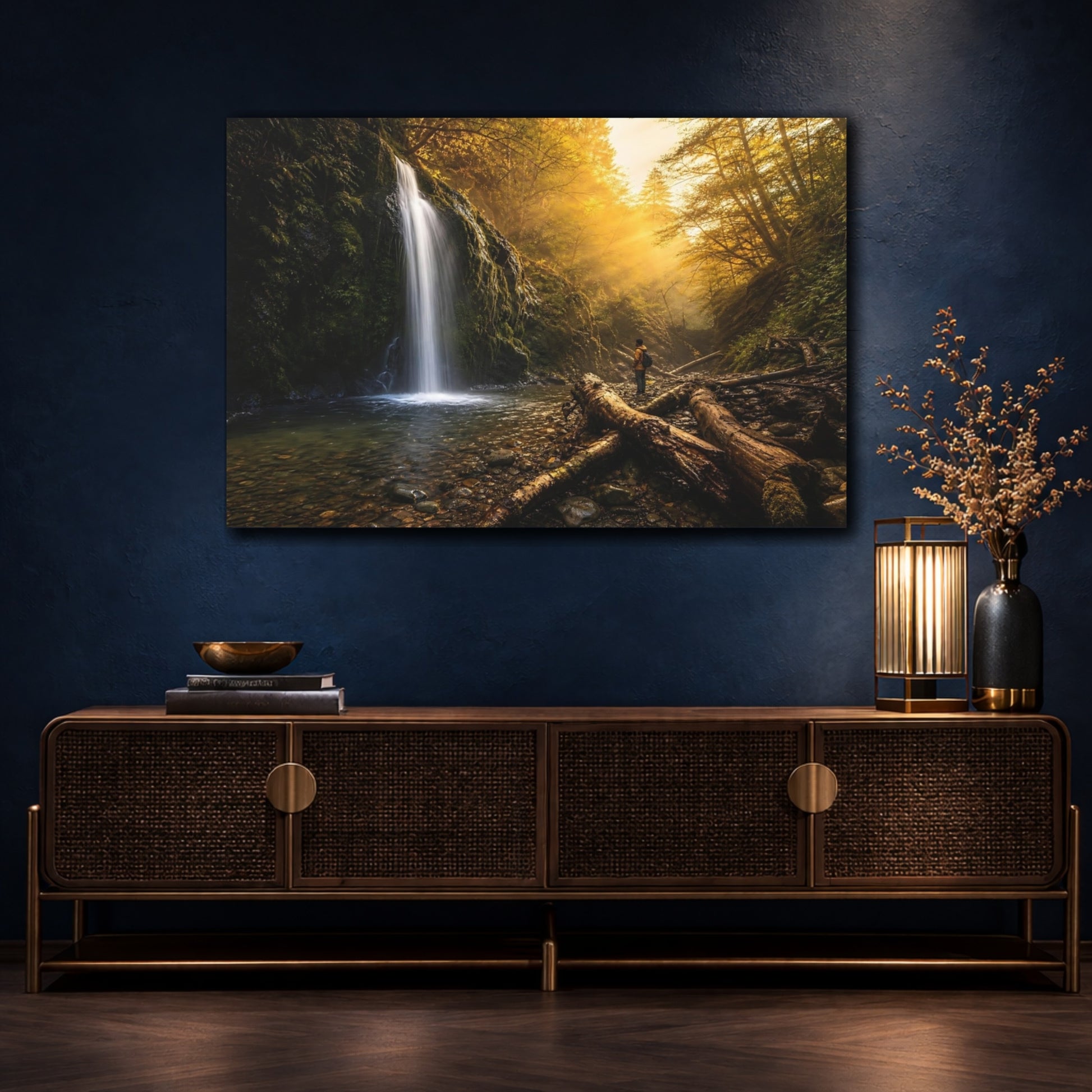 Mockup 4. Nature Waterfall Golden Forest Waterfall shown as stretched canvas wall art