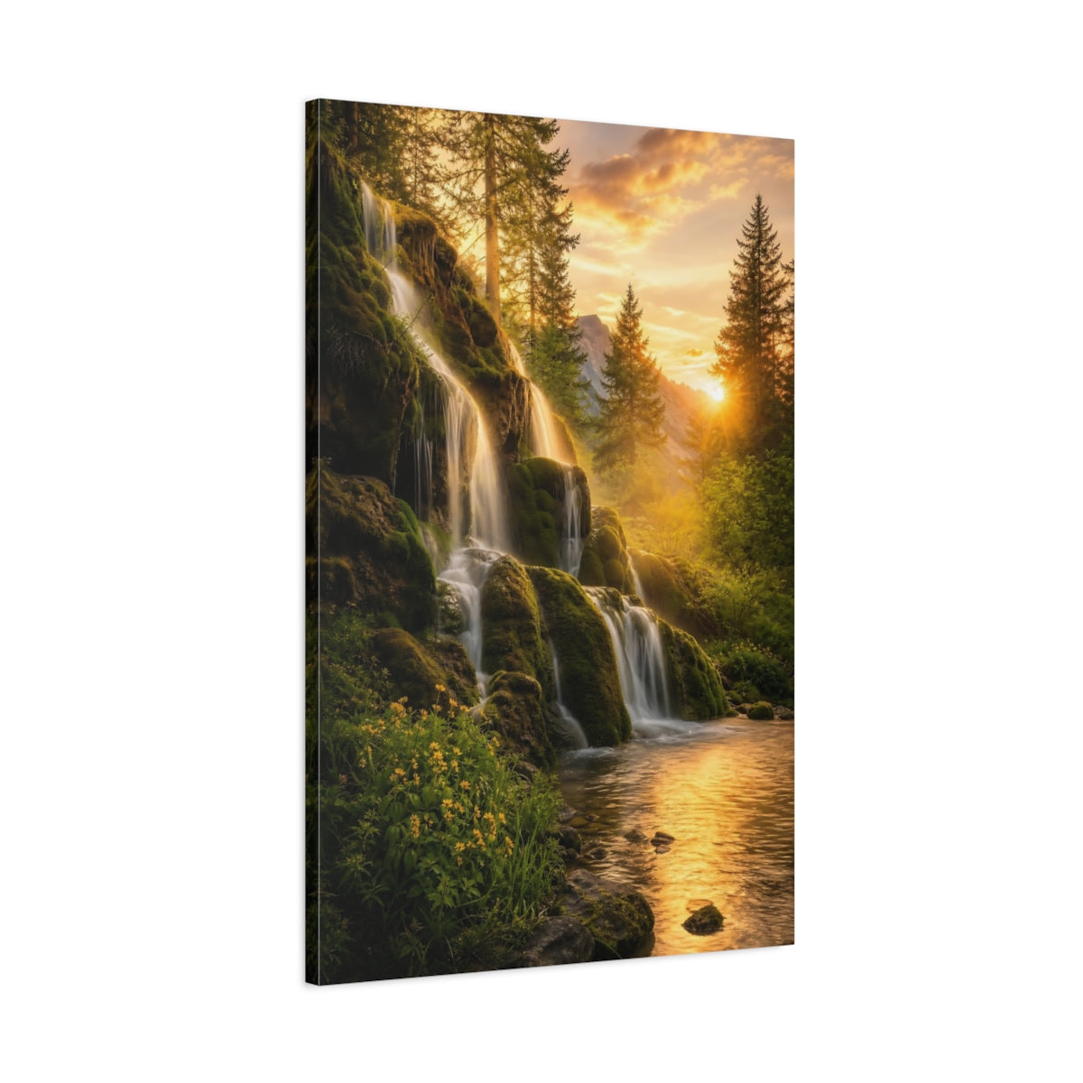 Main Mockup. Nature Waterfall Golden Waterfall shown as stretched canvas wall art