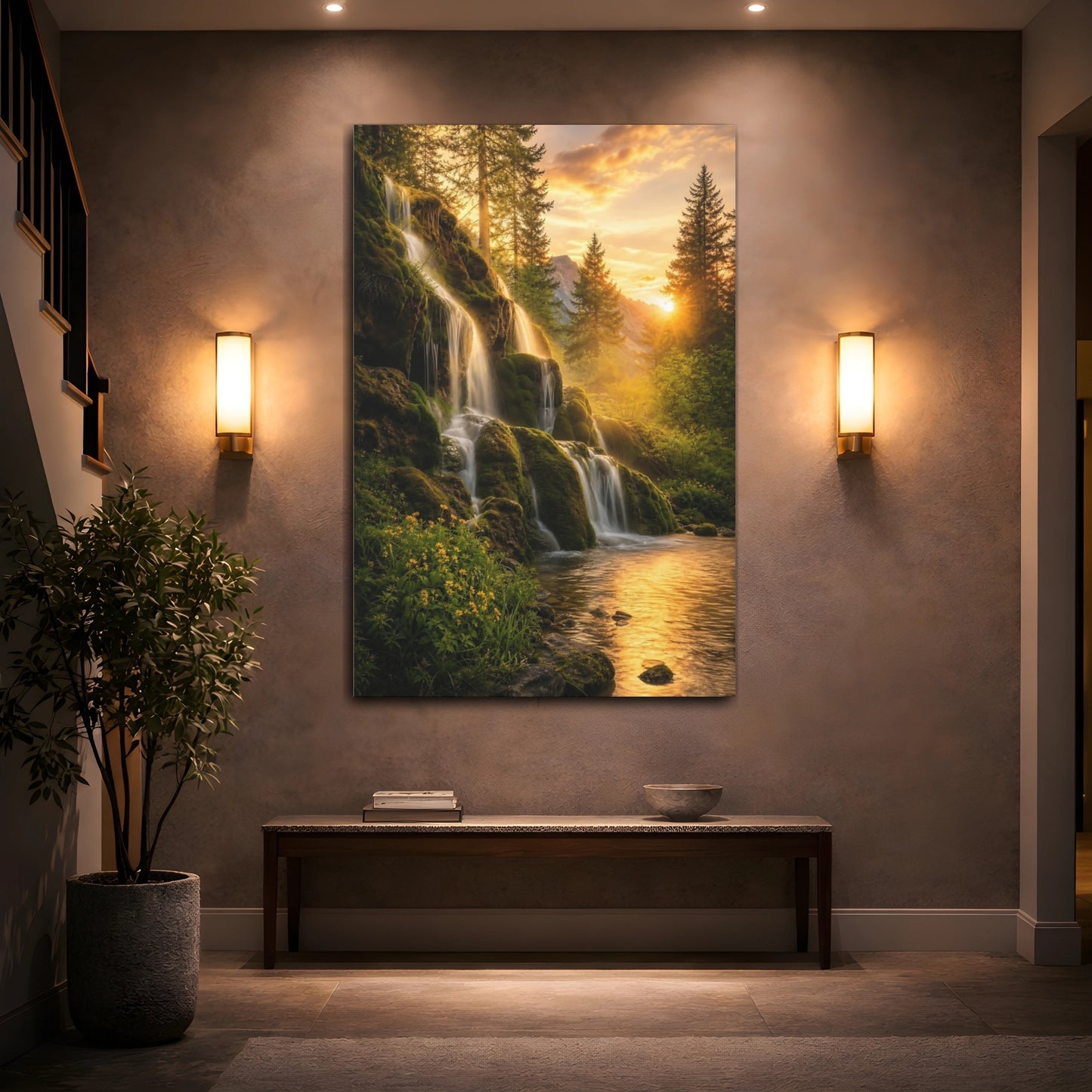 Mockup 2. Nature Waterfall Golden Waterfall shown as stretched canvas wall art