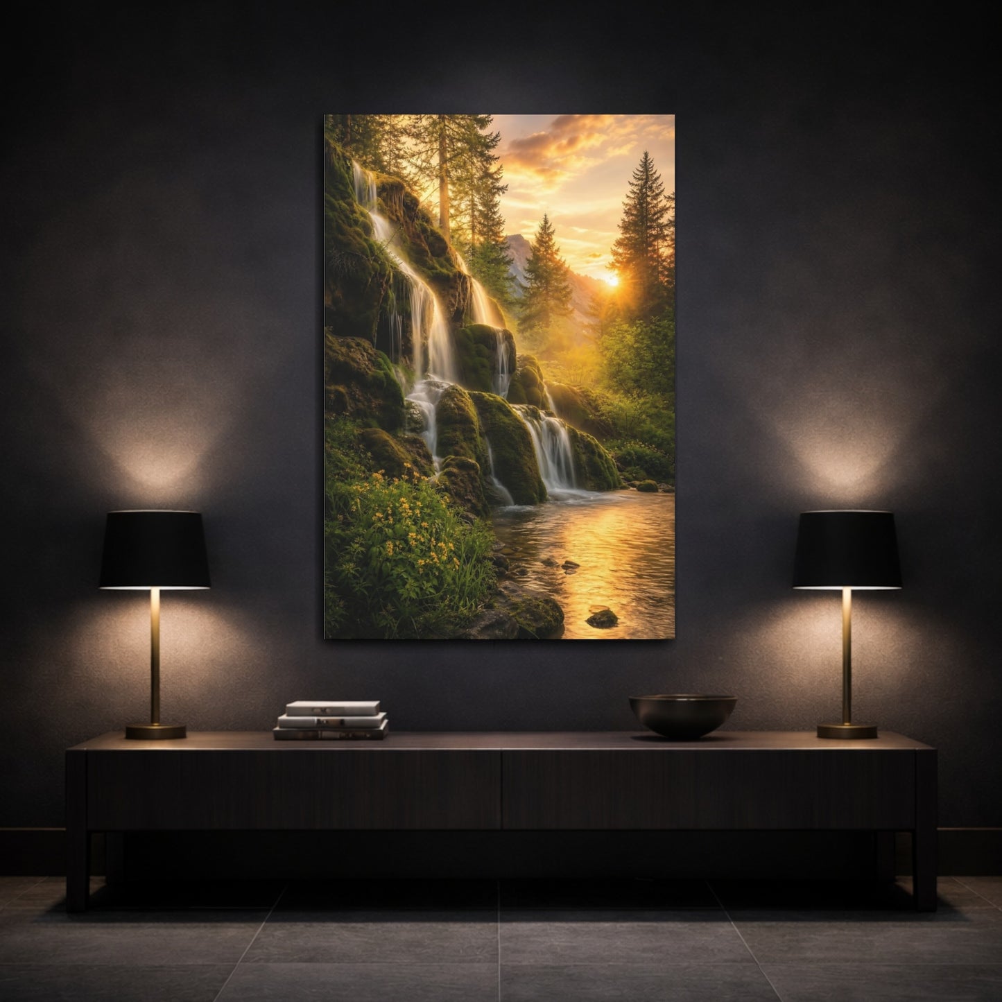 Mockup 3. Nature Waterfall Golden Waterfall shown as stretched canvas wall art