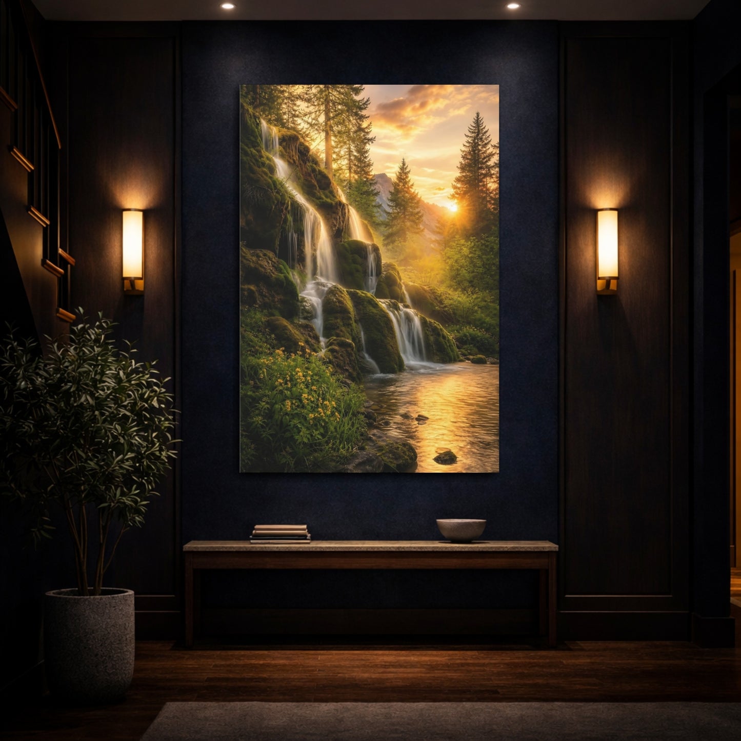 Mockup 4. Nature Waterfall Golden Waterfall shown as stretched canvas wall art