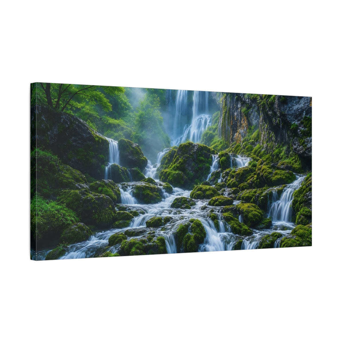 Side Mockup 1. Nature Waterfall Green And Blue shown as stretched canvas wall art